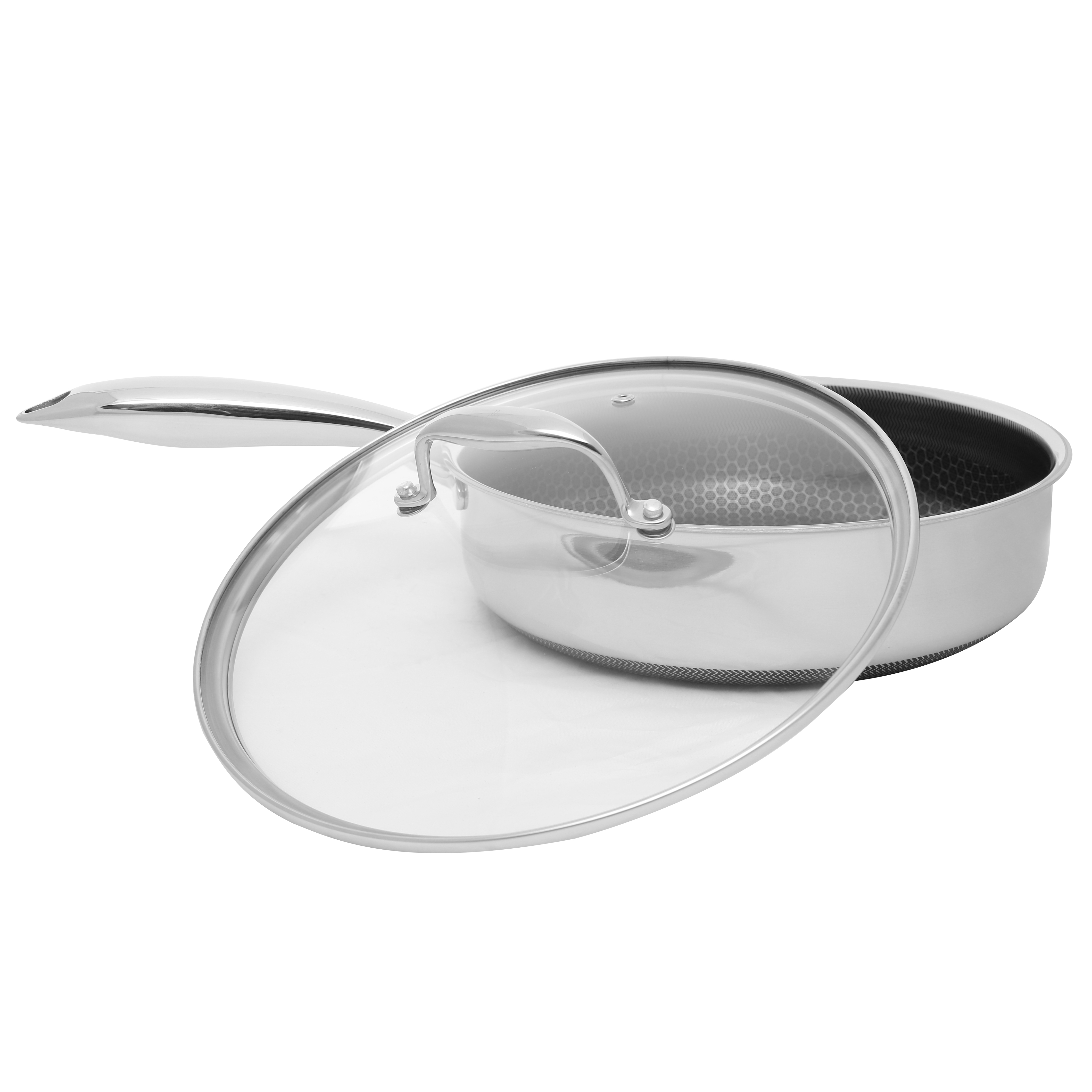 Patelnia ze stali nierdzewnej ze szklaną pokrywką na białym tle, pokazująca sześciokątny wzór wewnątrz.