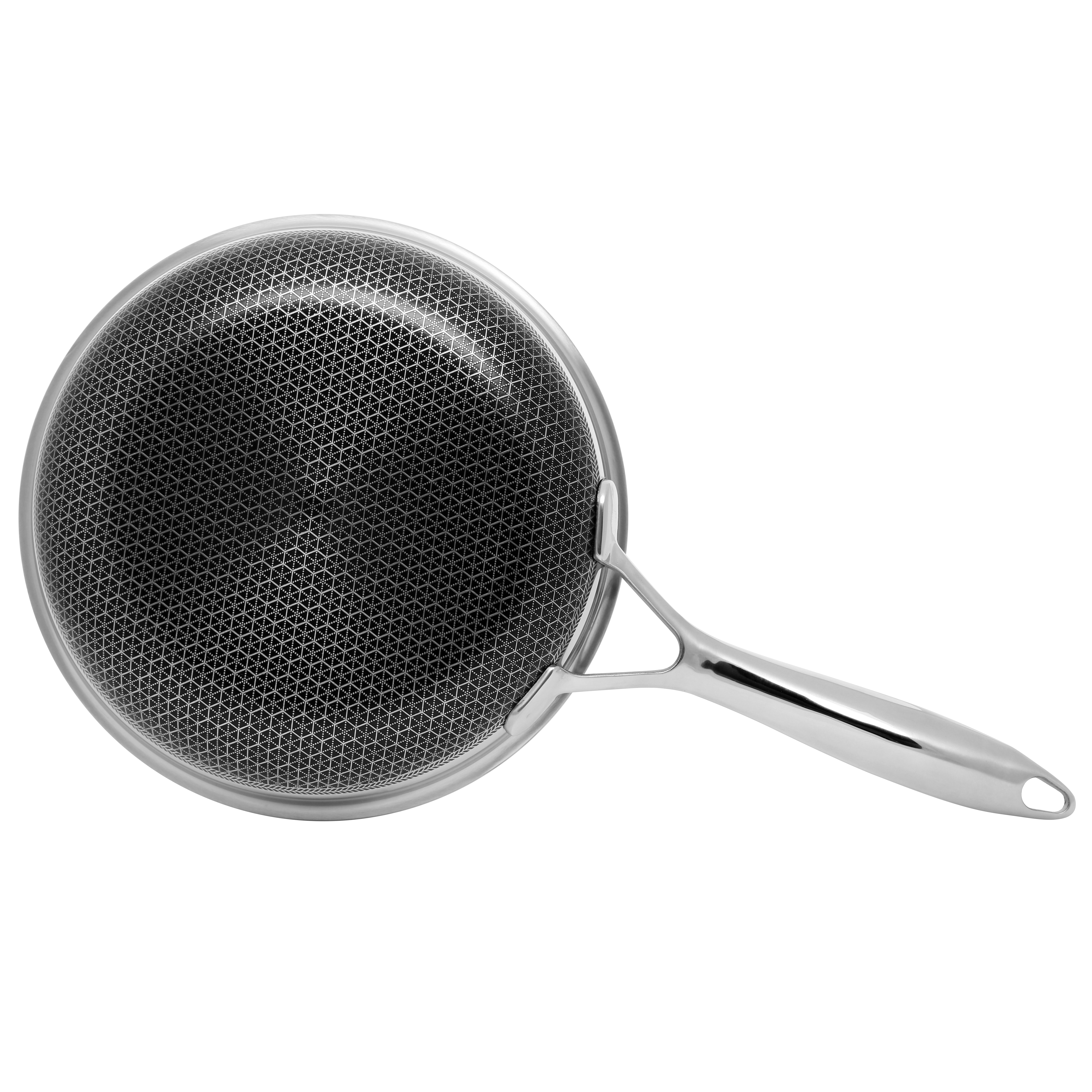 Okrągła patelnia ze stali nierdzewnej z wnętrzem w wzór plastra miodu i długim uchwytem.