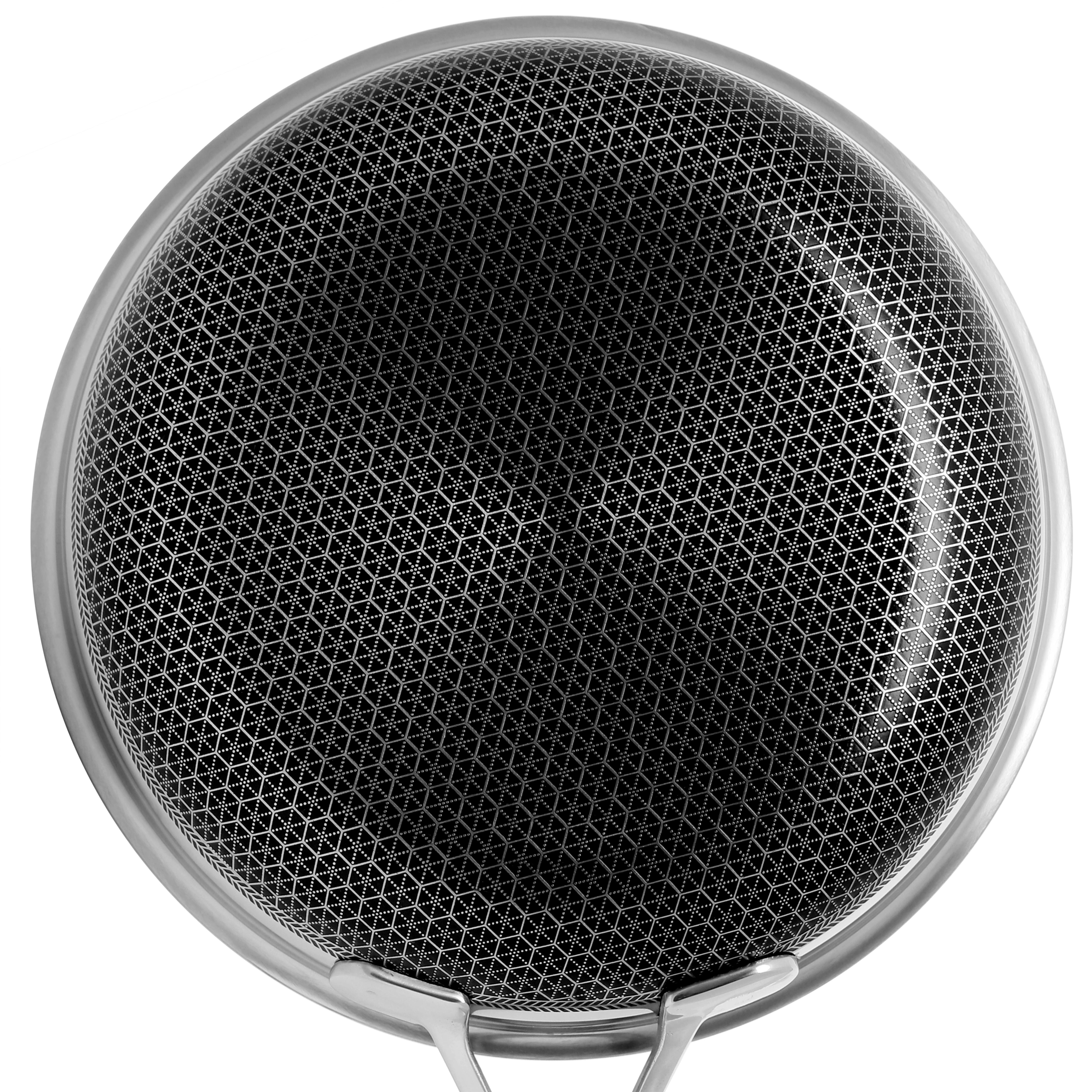 Sitko ze stali nierdzewnej z drobną siatką. Ma uchwyt i podpórkę.