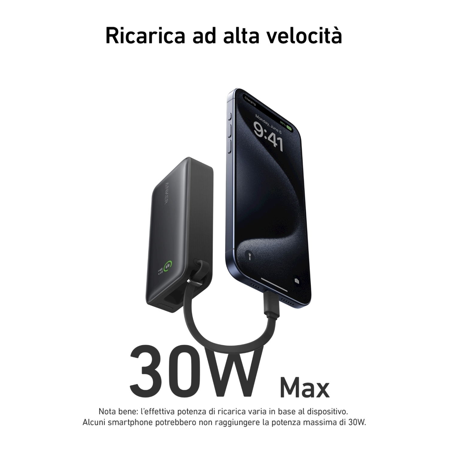 Power bank Anker nero che carica un iPhone blu. Il testo recita '30W Max' e 'Ricarica rapida'.