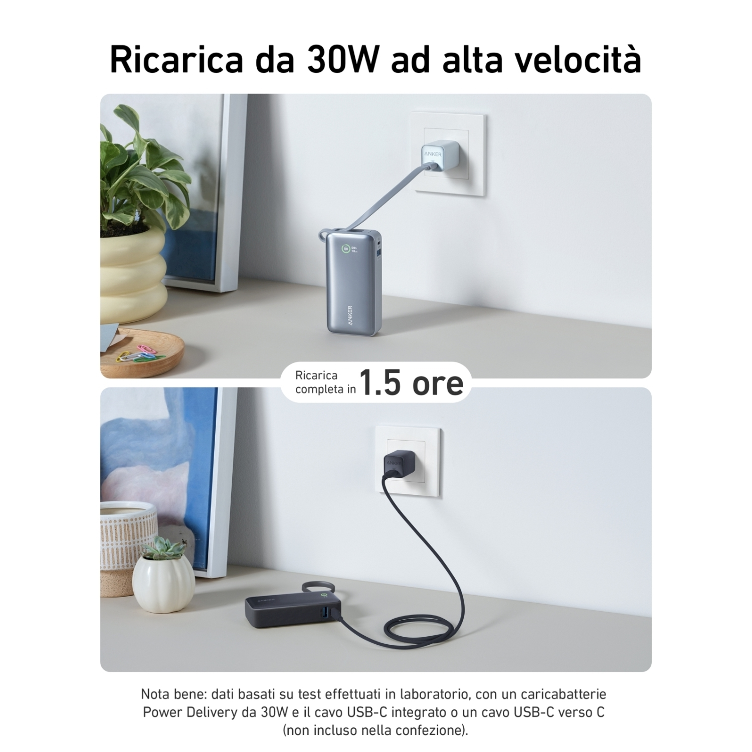 Un power bank carica un telefono, collegato a una presa. Testo: ricarica rapida da 30W.