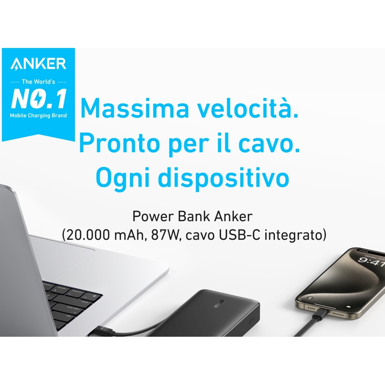 Power bank Anker, laptop e telefono con cavo di ricarica nero.