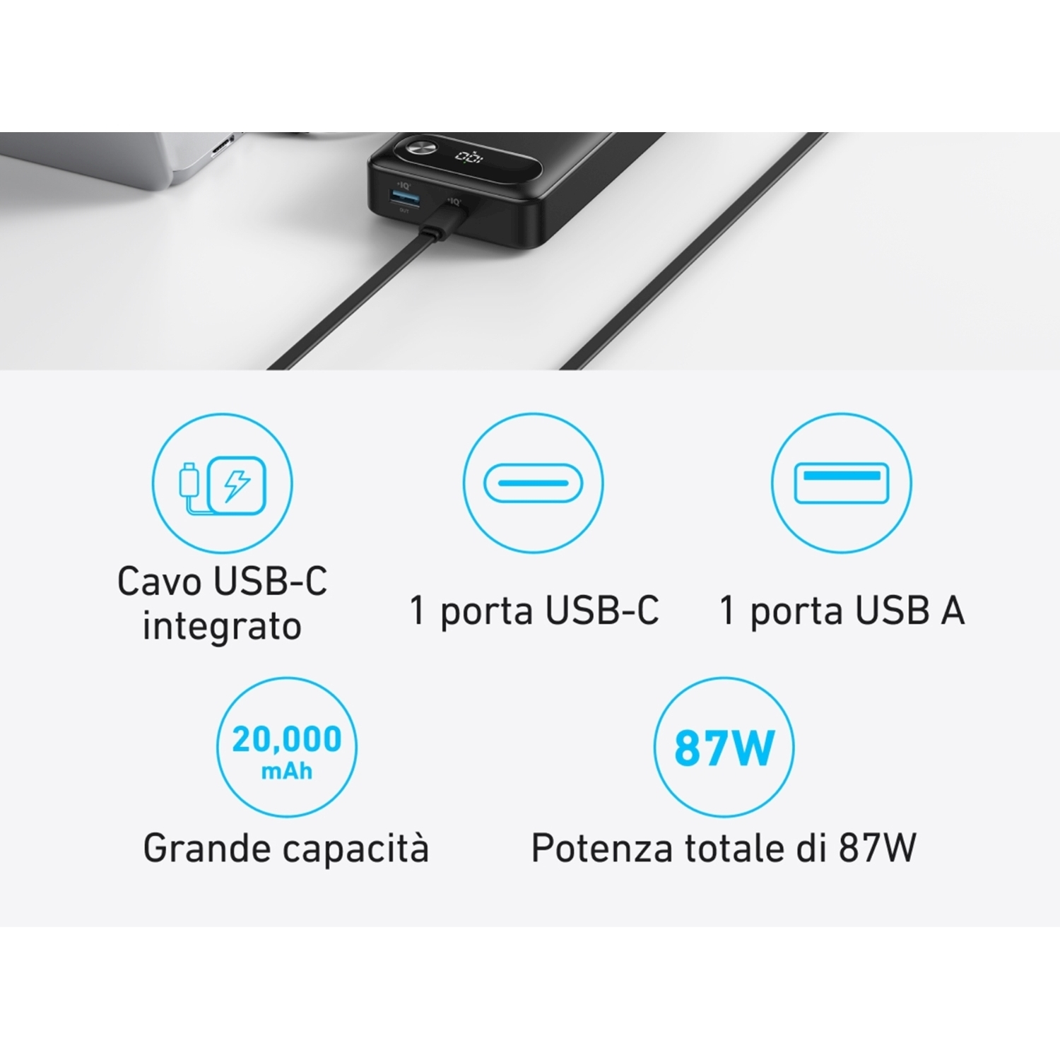L'immagine mostra un power bank nero, con porte USB-C e USB-A, e cavo USB-C integrato. Il testo mostra 20.000 mAh e 87W di potenza.