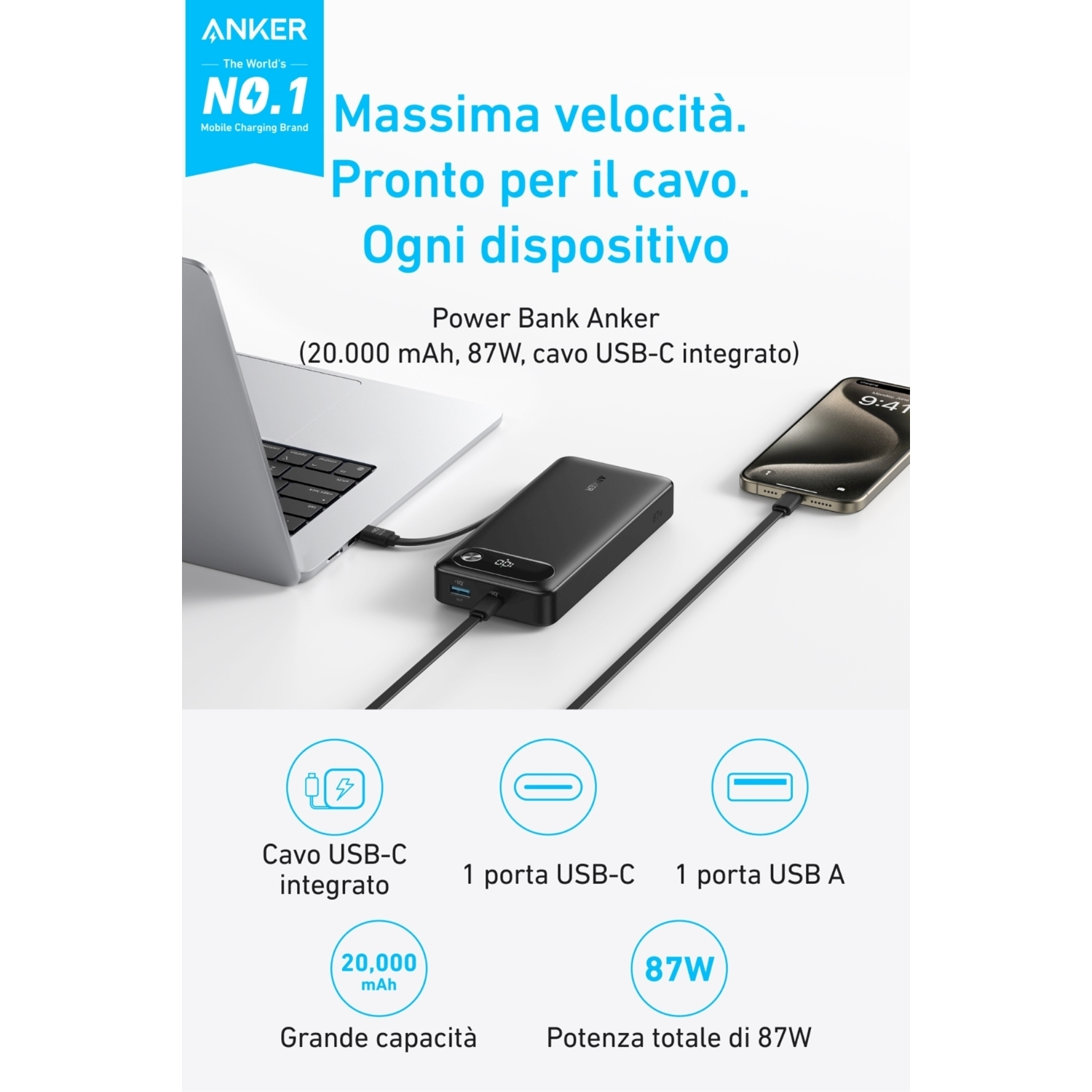 Power Bank Anker con laptop e telefono collegati. Mostra porte e dettagli di alimentazione. Sfondo bianco.