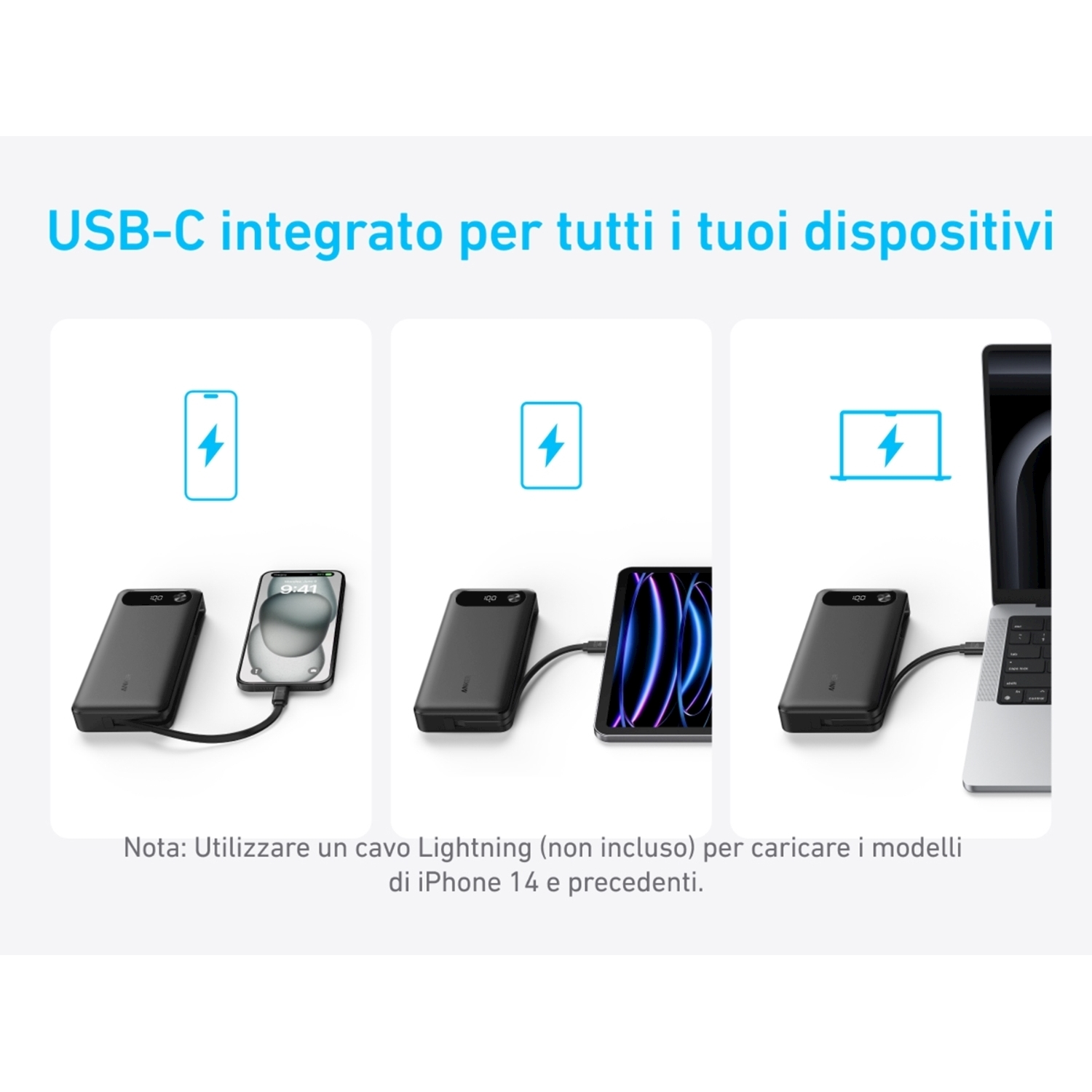 Tre power bank collegati a diversi dispositivi per la ricarica, con porte USB-C.