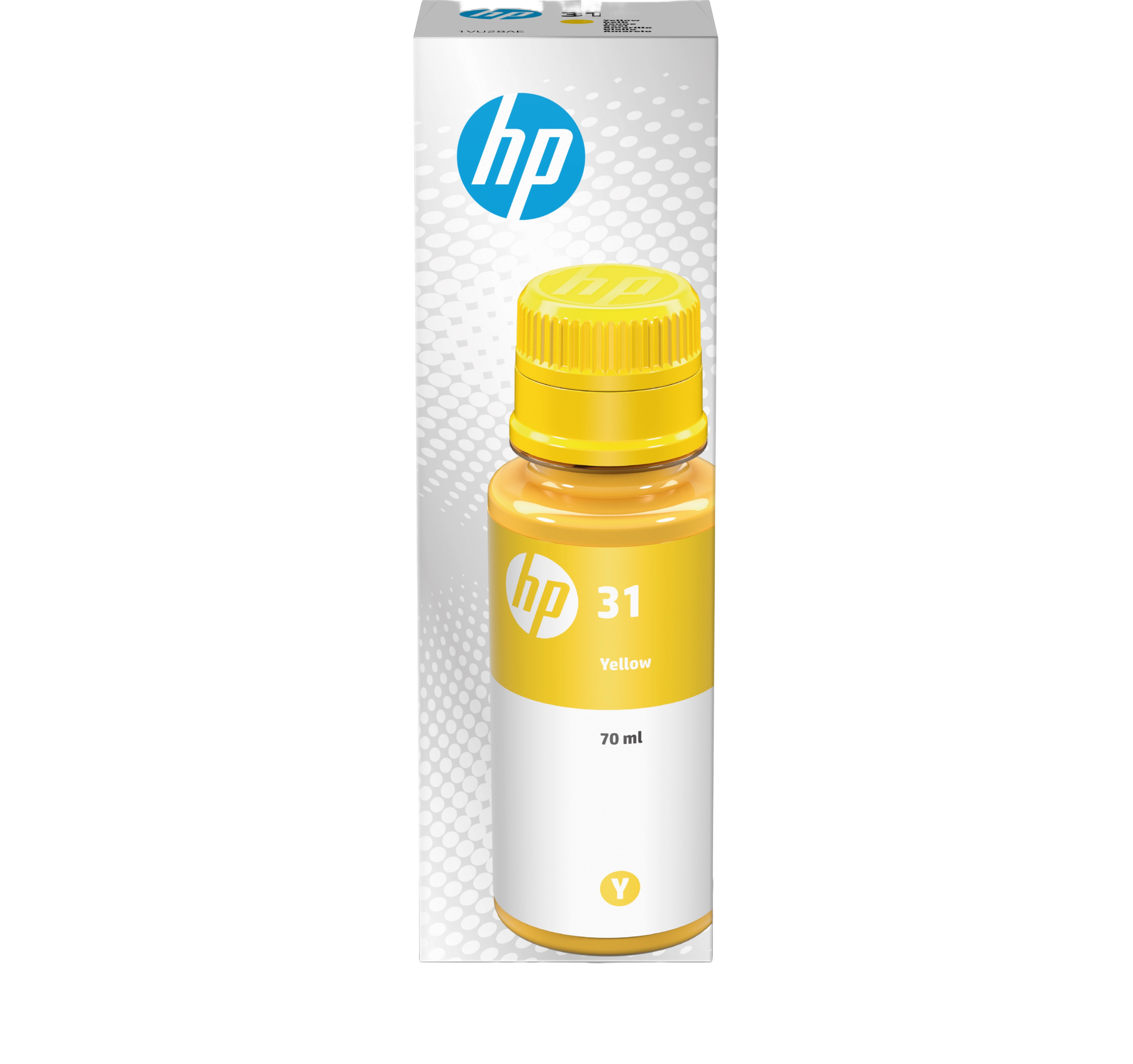 Botella de tinta amarilla HP 31 con etiqueta blanca y tapa amarilla.
