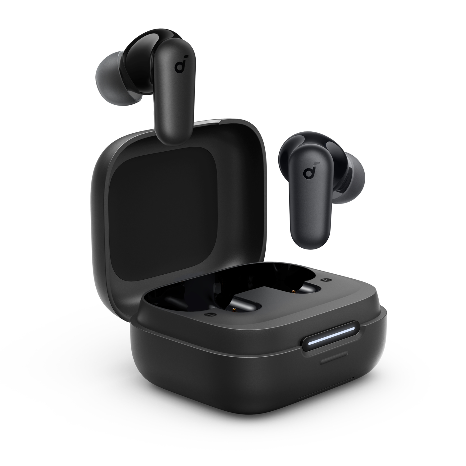 Black earbuds and charging case on white background.