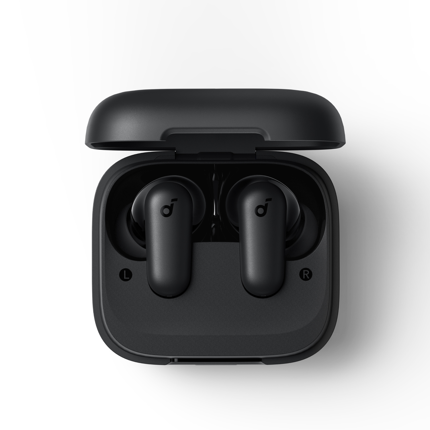 Black wireless earbuds in a black case, open on a white background.