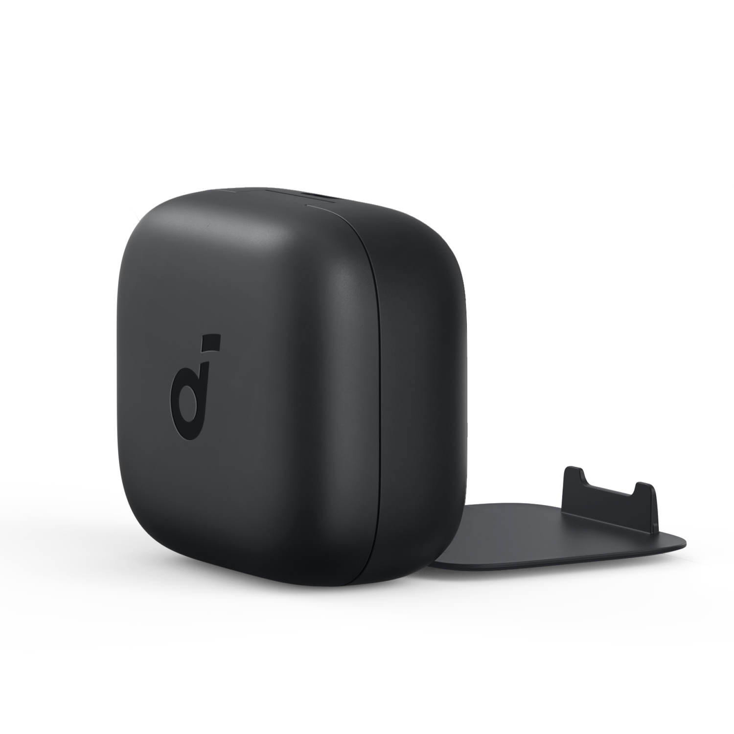 Black, rounded square device with a small rectangular base. It has a brand logo on it.