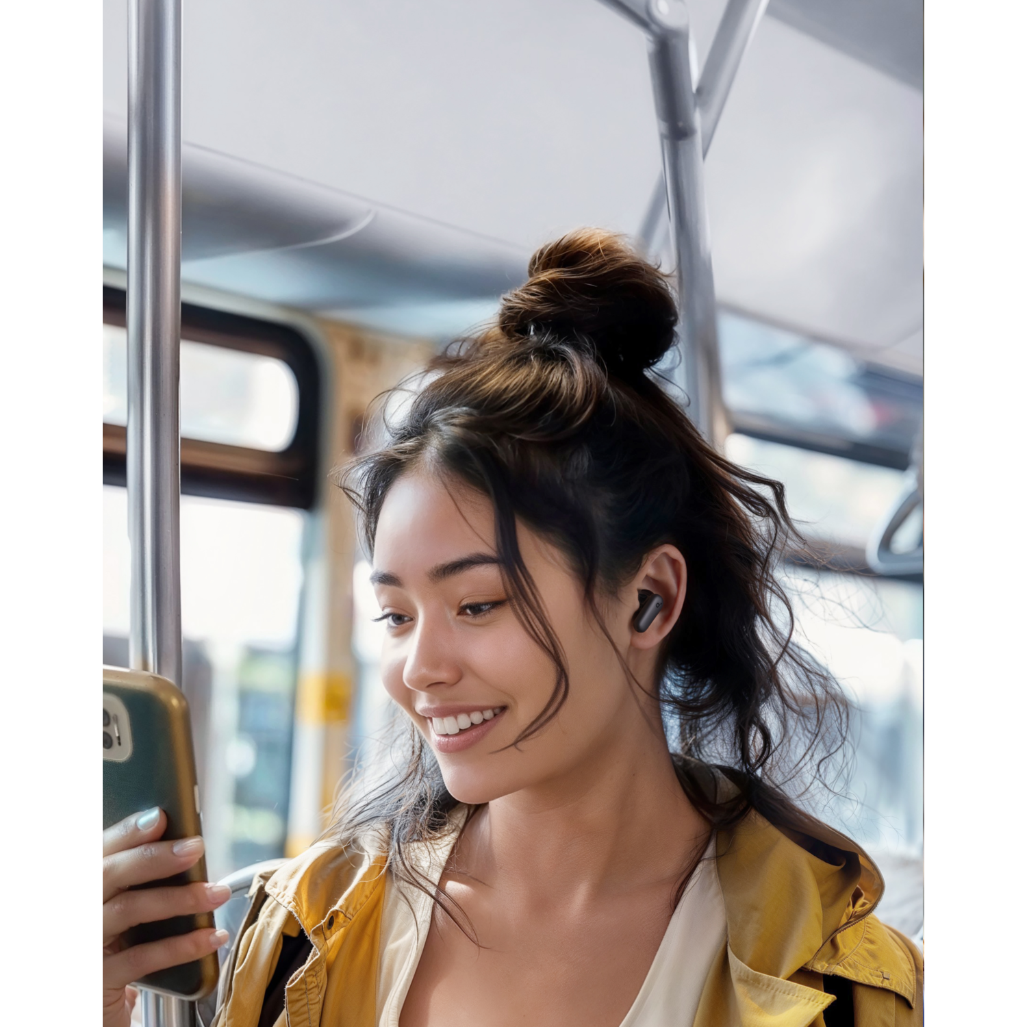 Woman in a yellow jacket smiles while looking at her phone. She is on a bus with a blurry background.