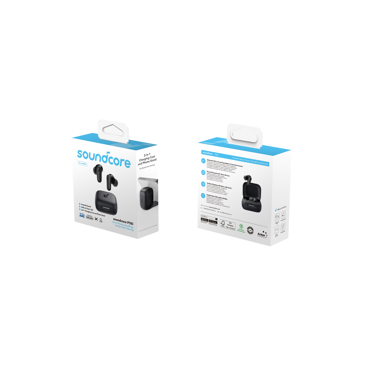 Soundcore earbuds packaging, two boxes with the earbuds, charging case, and product information.