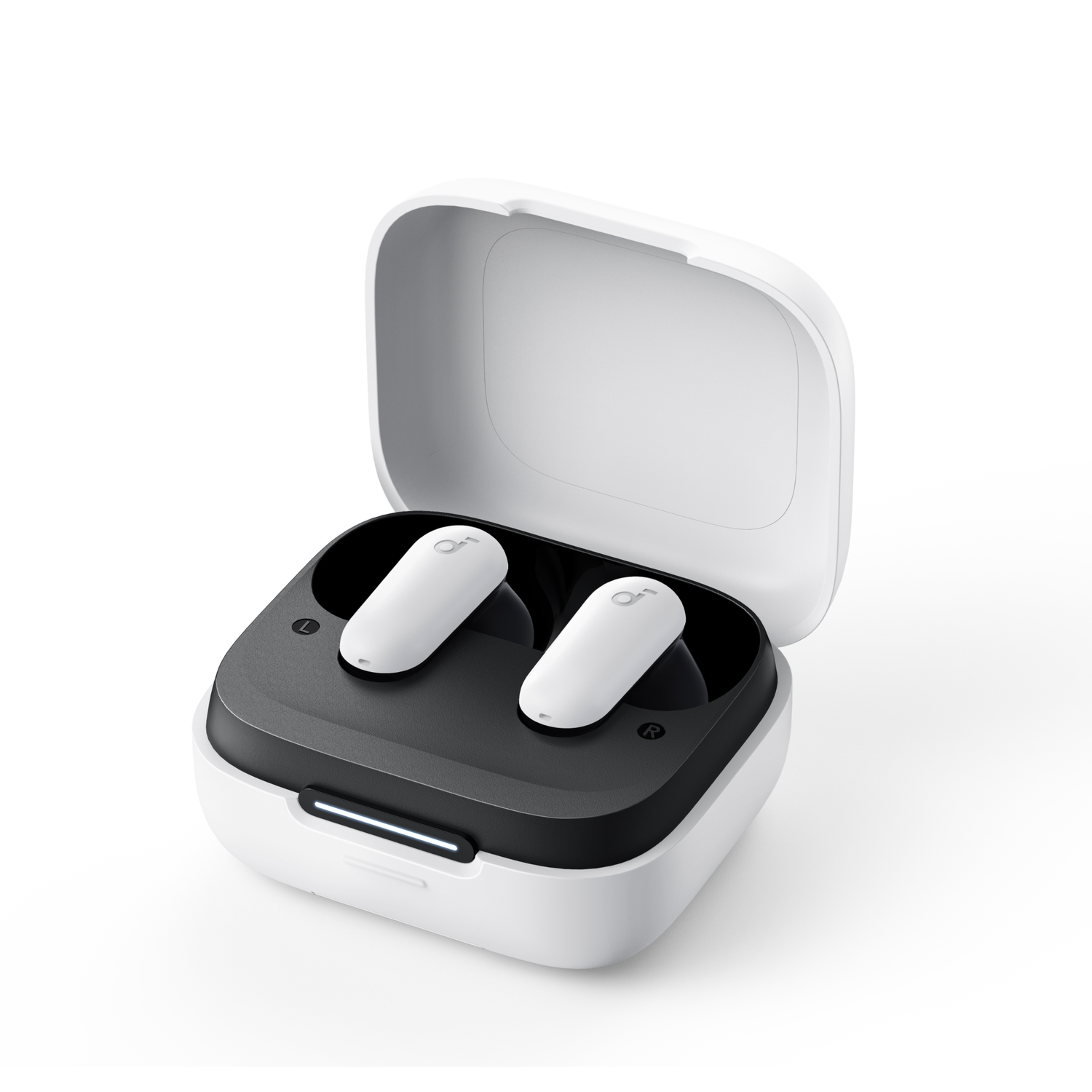 Witte draadloze oordopjes in een witte oplaadcase.