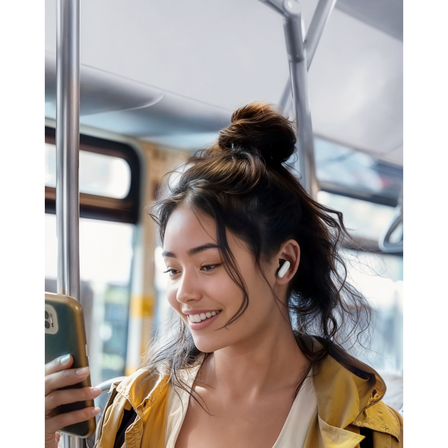 Jonge vrouw in een bus, met witte oortelefoontjes, die naar haar telefoon kijkt.