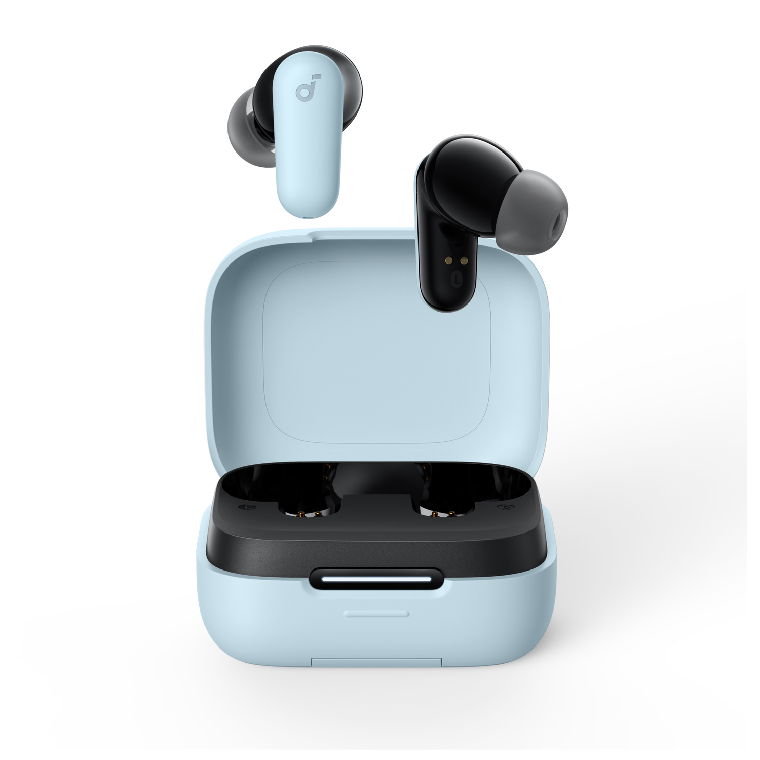 Light blue earbuds with a charging case. One earbud is outside the case.
