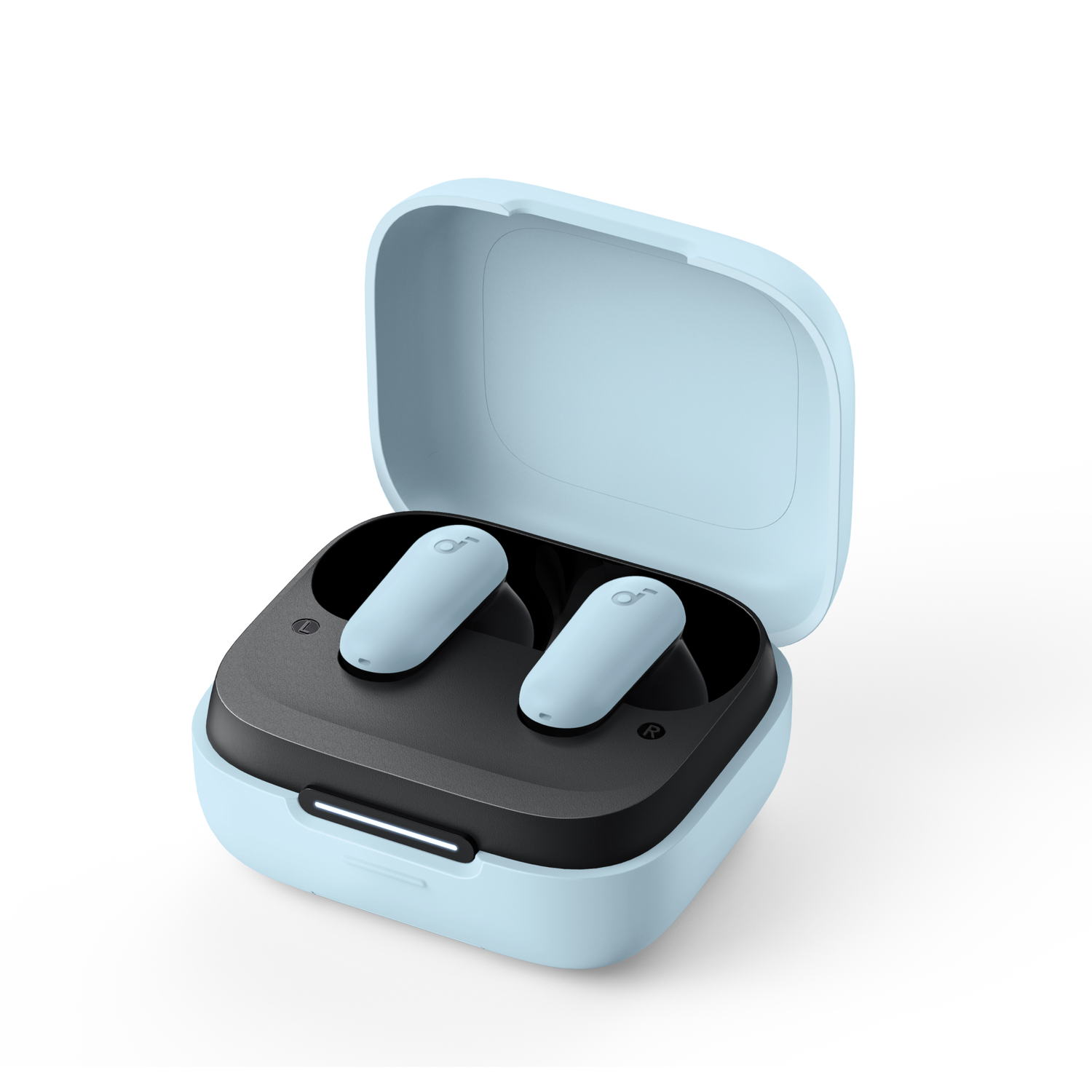 Light blue earbud case open, revealing two light blue earbuds inside, on white background.