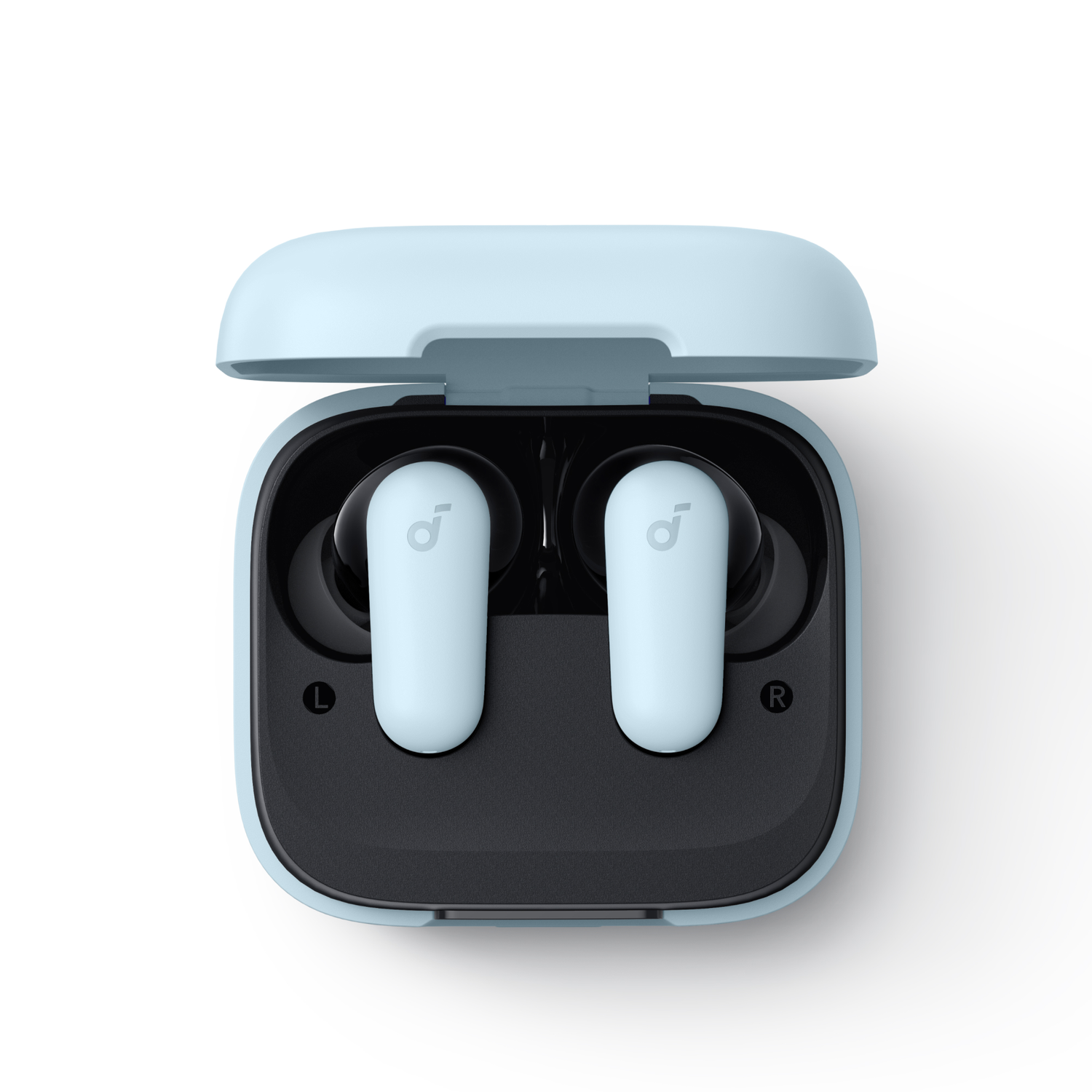 Light blue earbuds in a charging case, open. The earbuds are white with a logo.