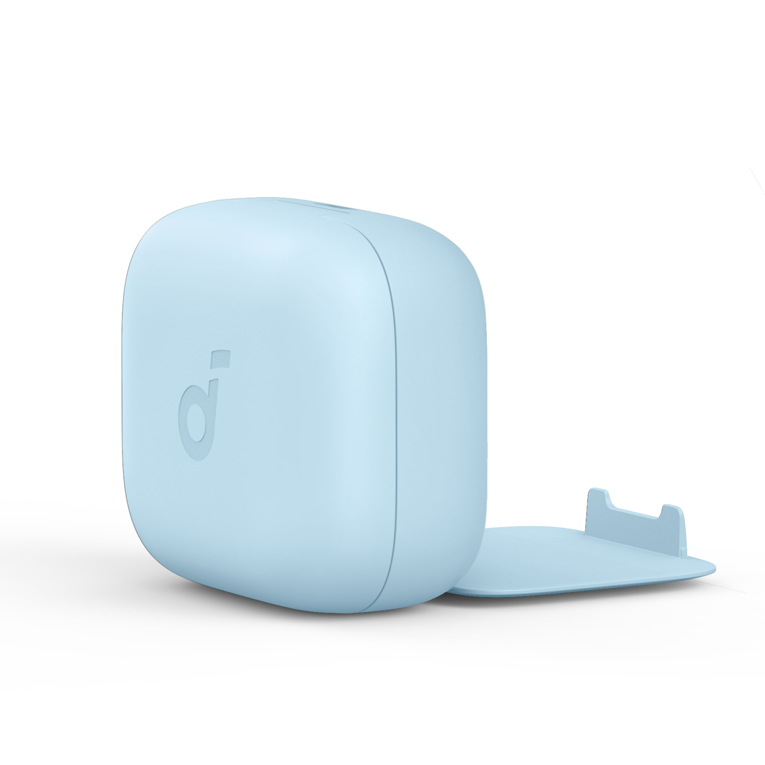 Blue Anker soundcore charging case with a small stand.