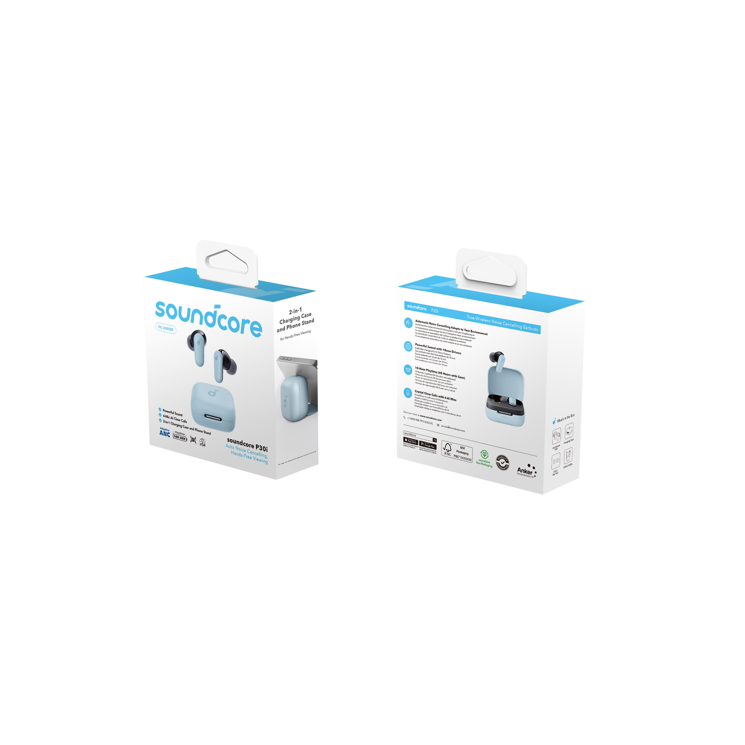 Two soundcore earbuds boxes, front and back views, on white background.