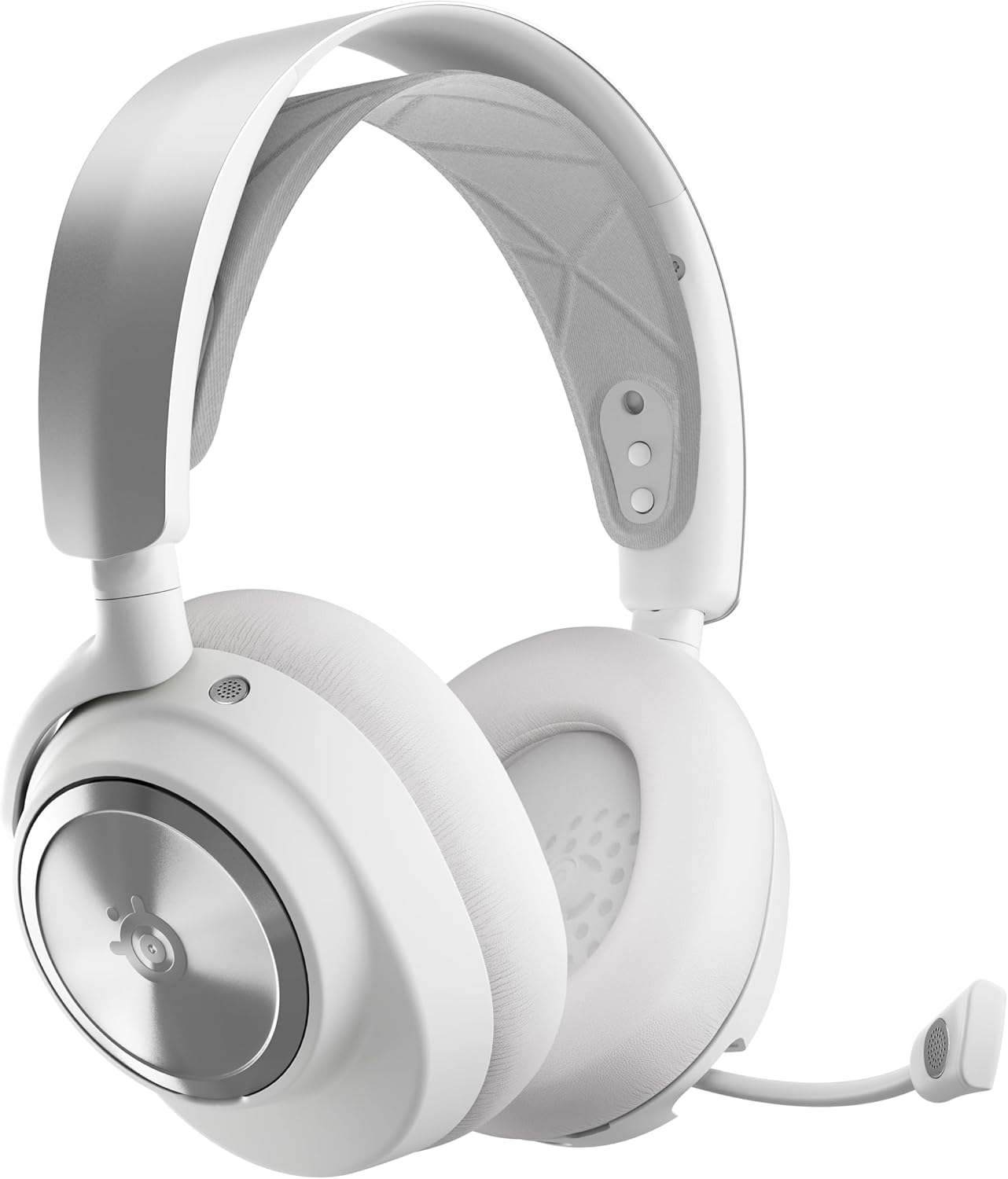 Auriculares SteelSeries blancos con micrófono, aislados sobre fondo blanco.