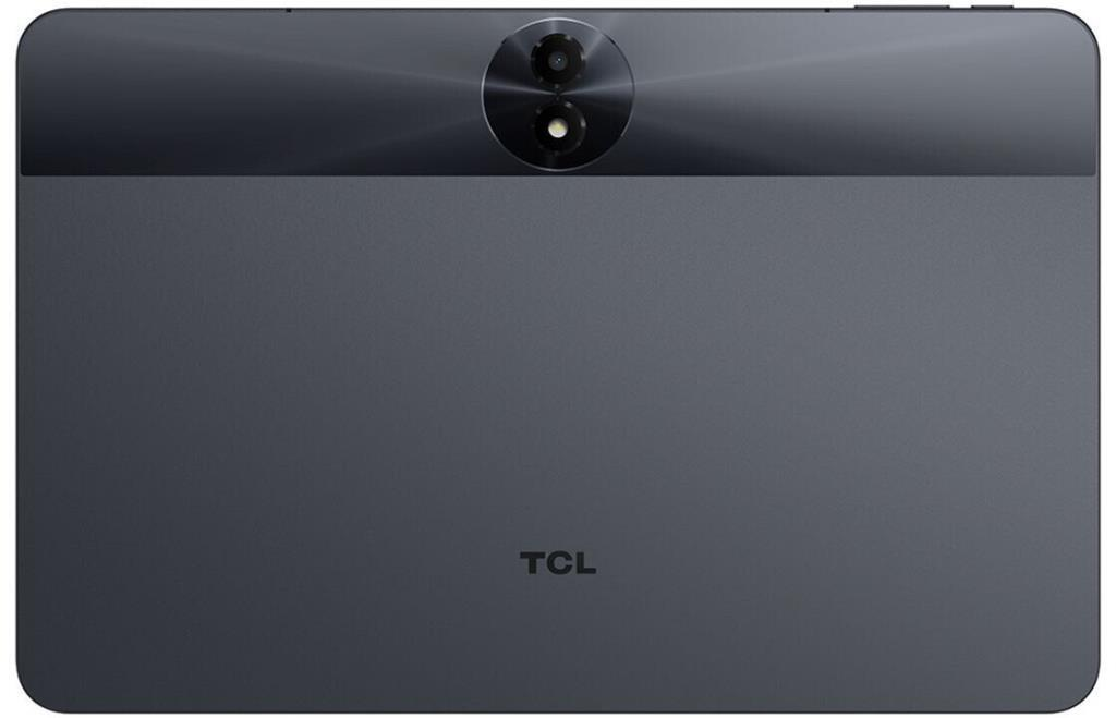 La parte trasera de una tableta gris oscuro con configuración de cámara dual y el logotipo de TCL.