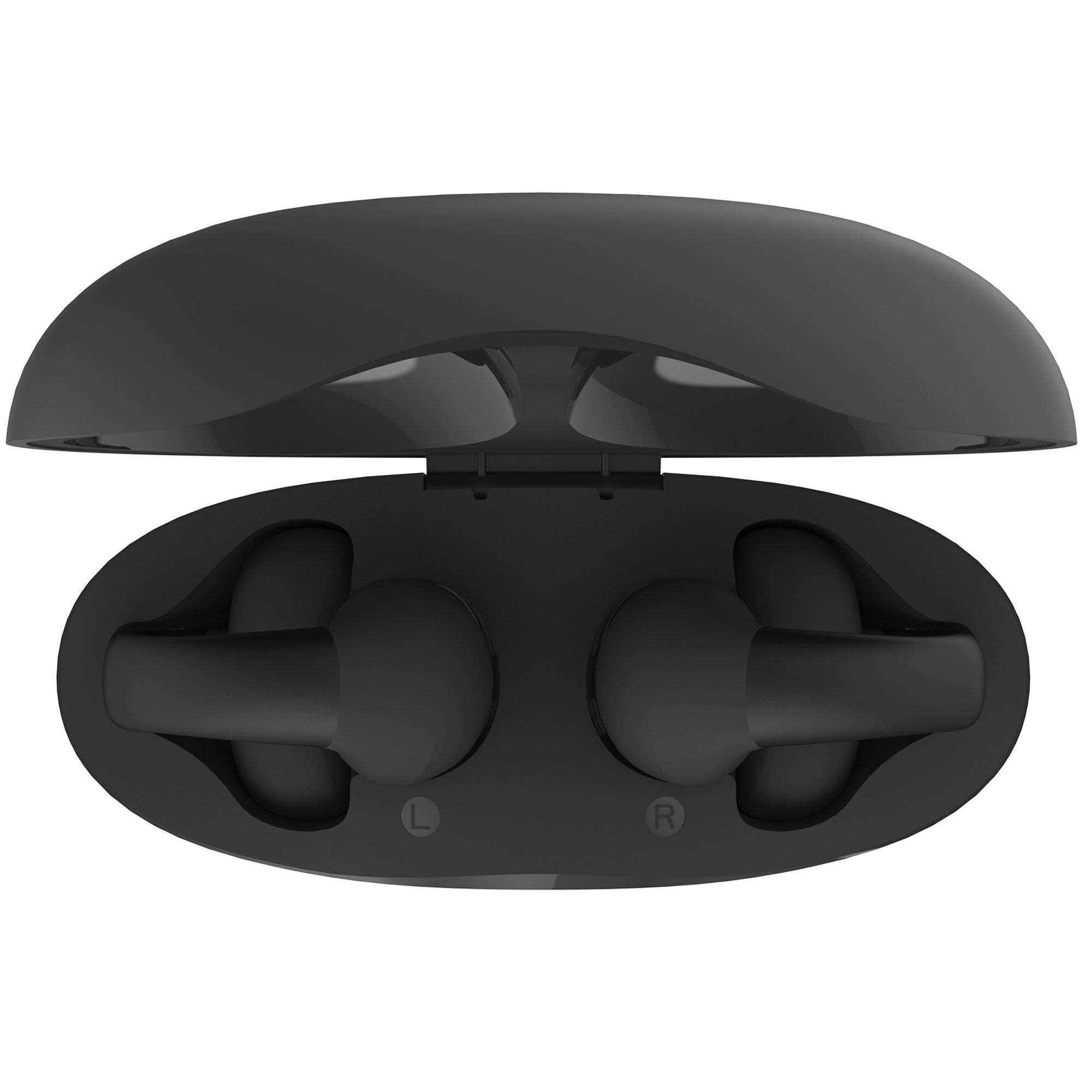 Auriculares inalámbricos negros en un estuche de carga negro abierto. El estuche es de forma ovalada.