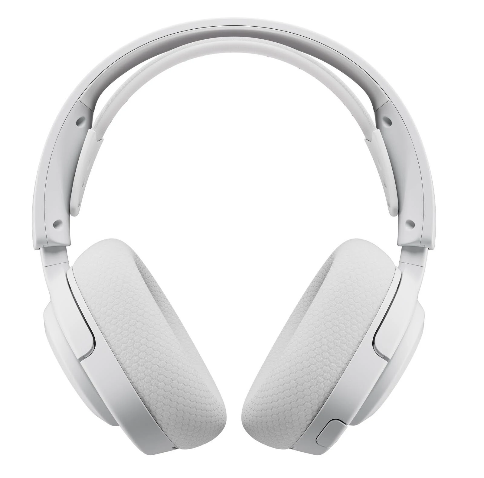 Auriculares blancos sobre la oreja, mostrando las orejeras y la diadema.