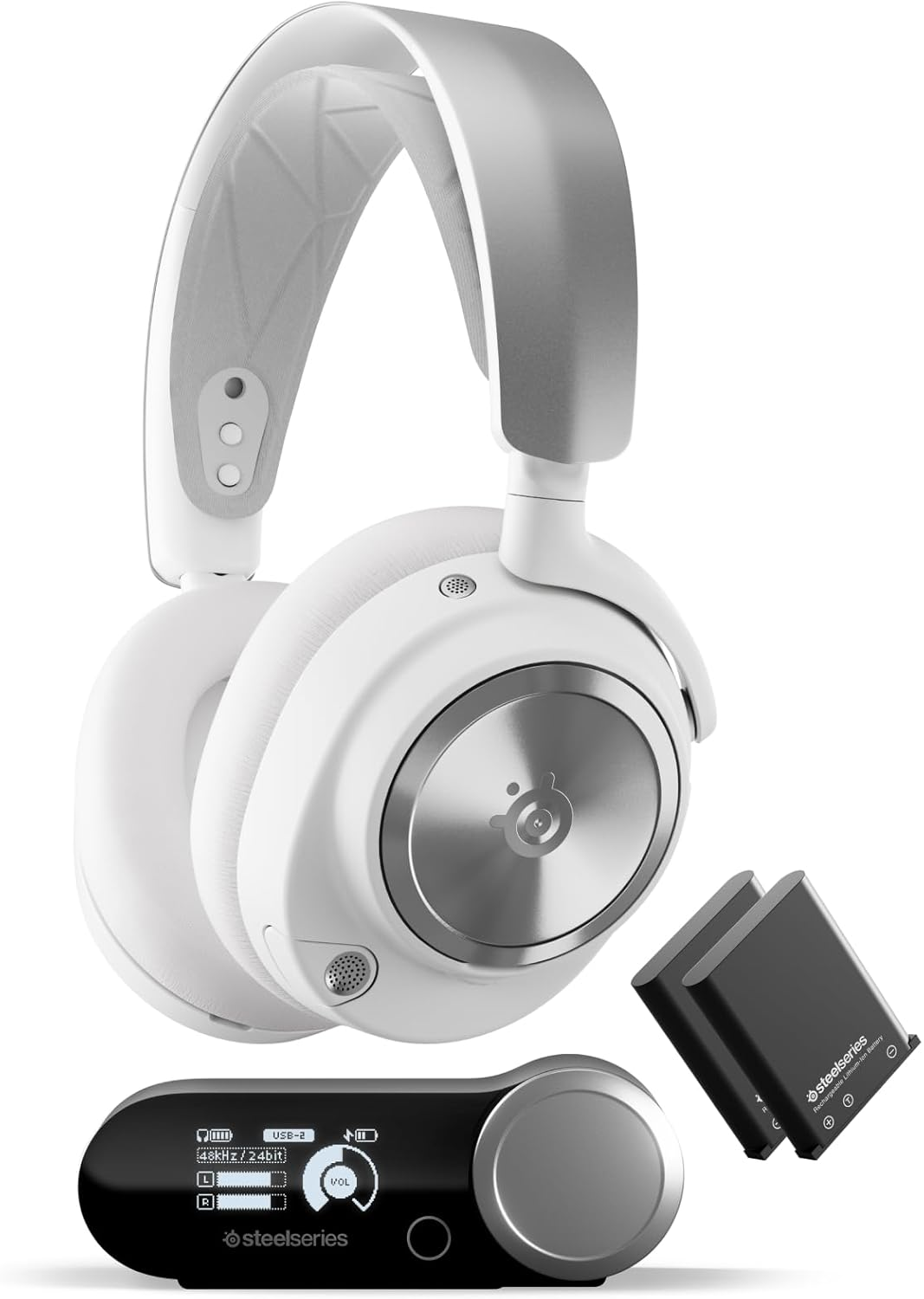 Auriculares blancos con detalles plateados, dos baterías y una unidad de control negra sobre fondo blanco.
