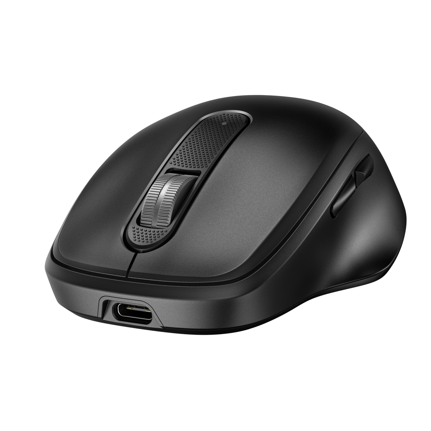 Black wireless mouse with a charging port and scroll wheel.
