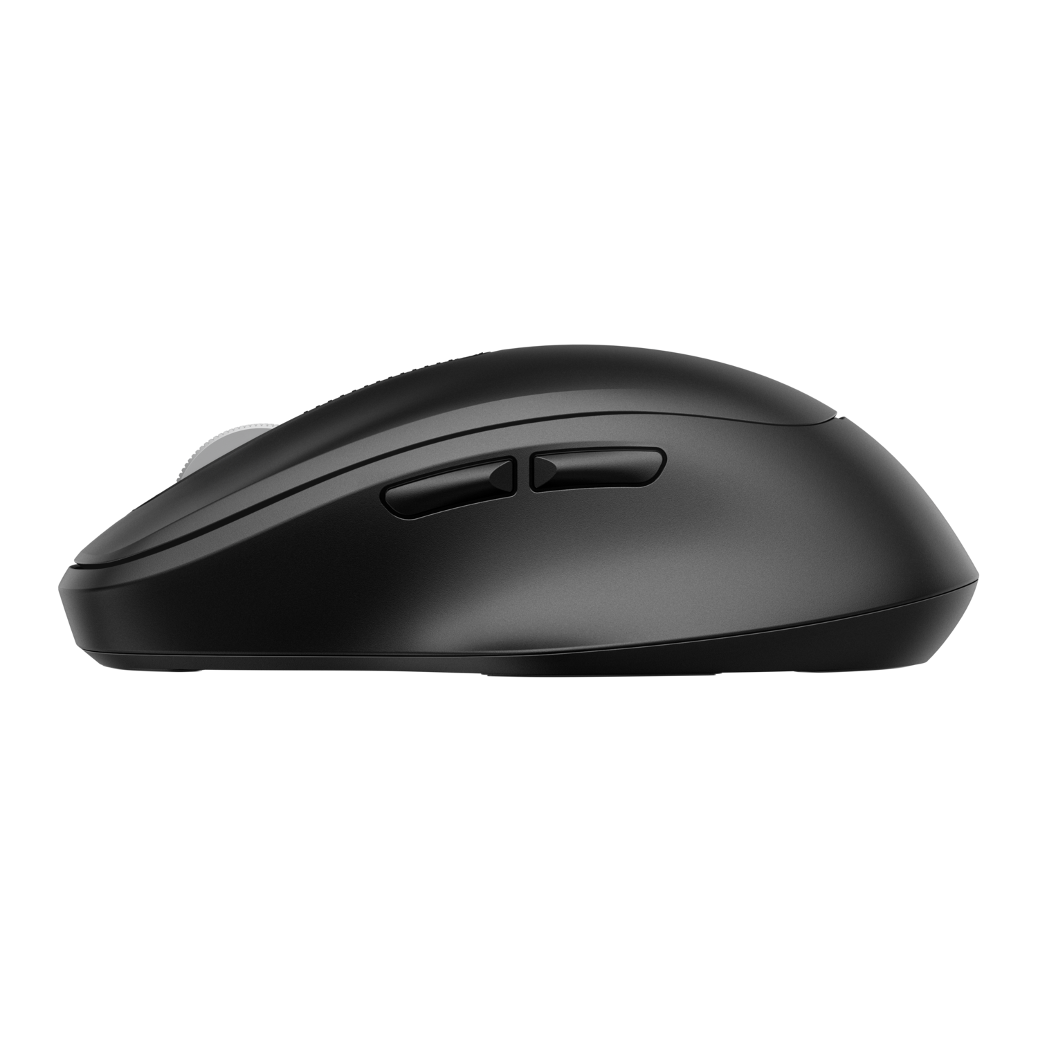 Black wireless mouse, side view. Two buttons and a scroll wheel are visible on the top.