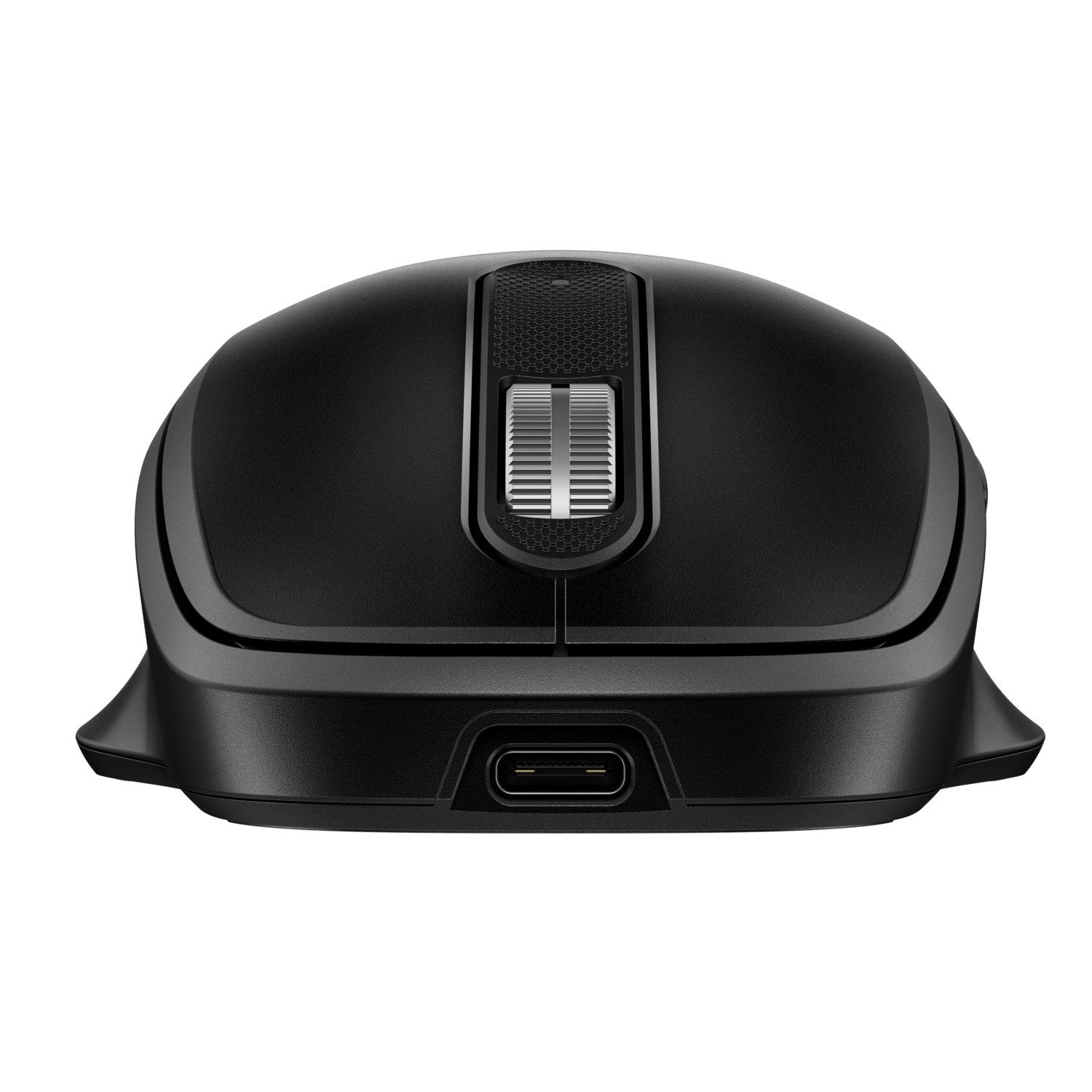 Black computer mouse with a scroll wheel and a USB-C port.