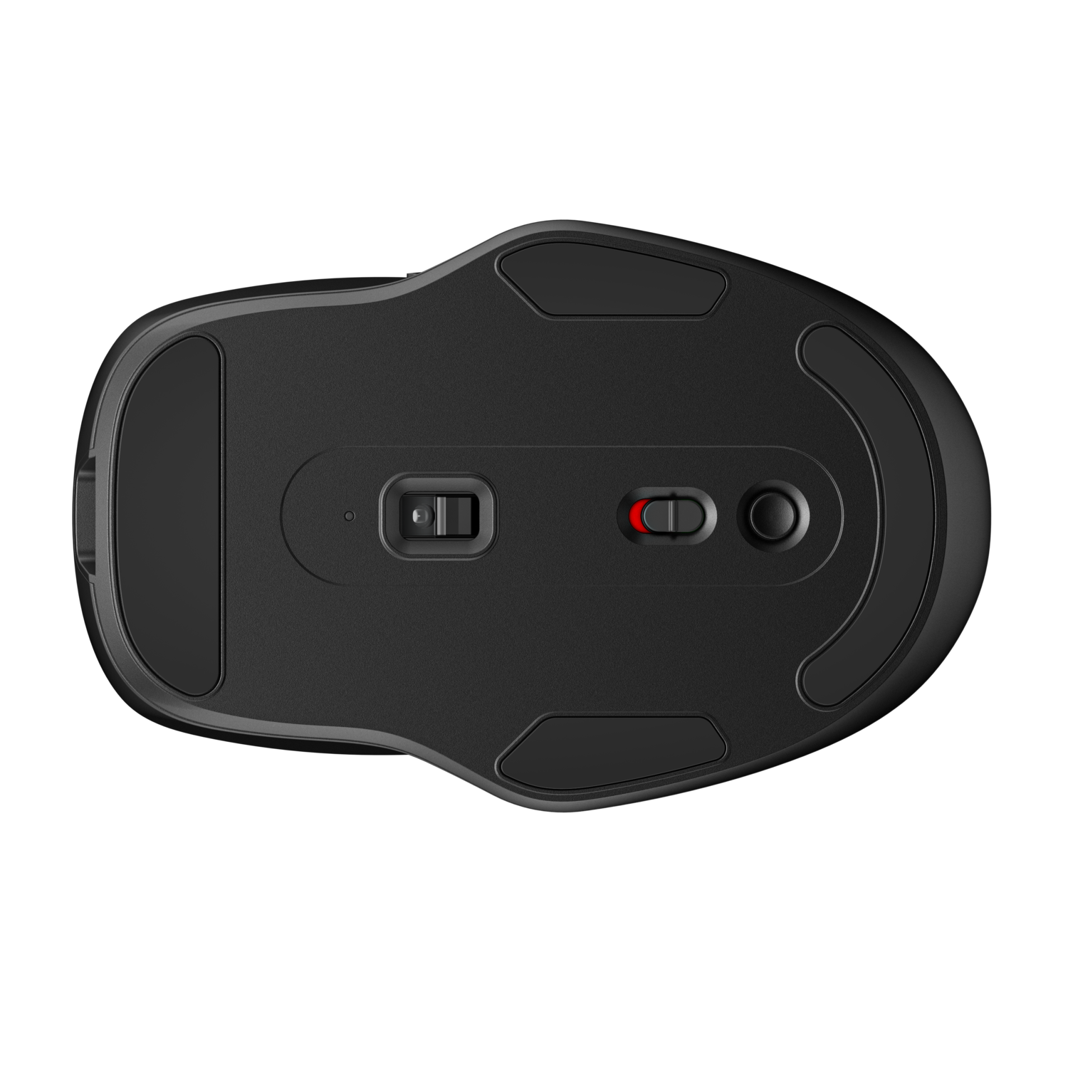 Black gaming mouse bottom. Shows a power switch, a button, and a red light.