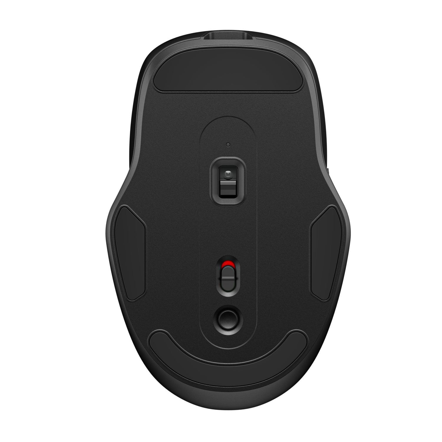 Black computer mouse, bottom view, showing buttons and sliders. Black background.