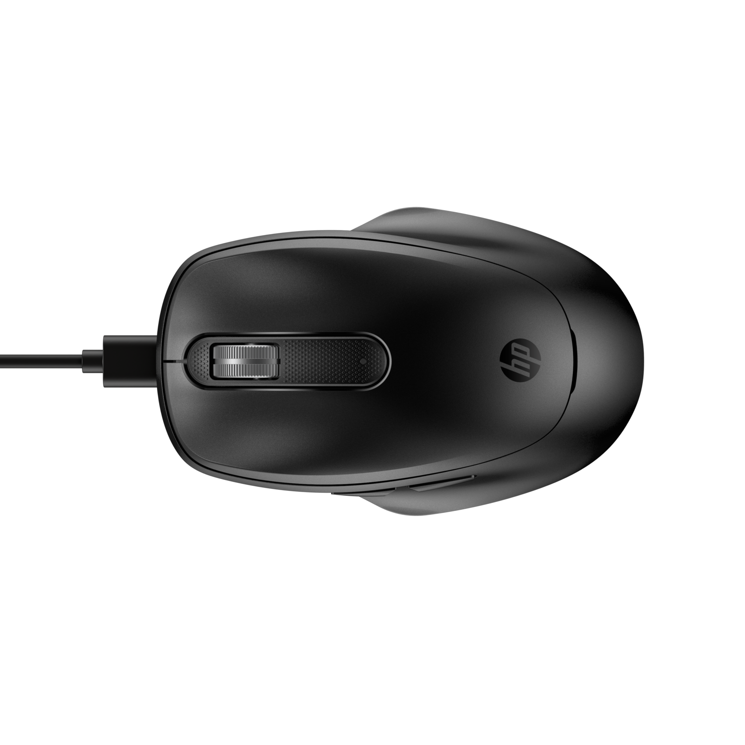A black HP mouse, top view, on a black background.