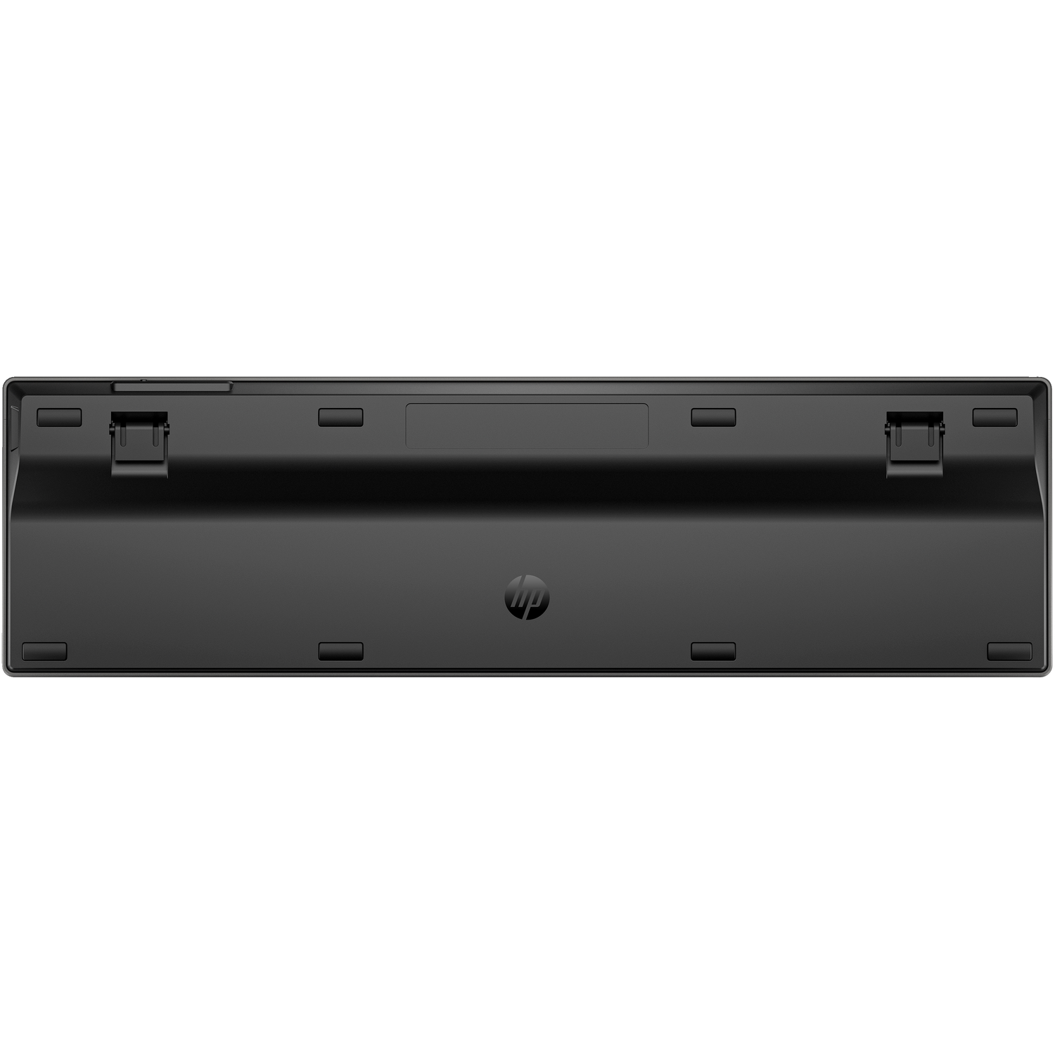 De onderkant van een zwart HP-toetsenbord met het HP-logo in het midden.