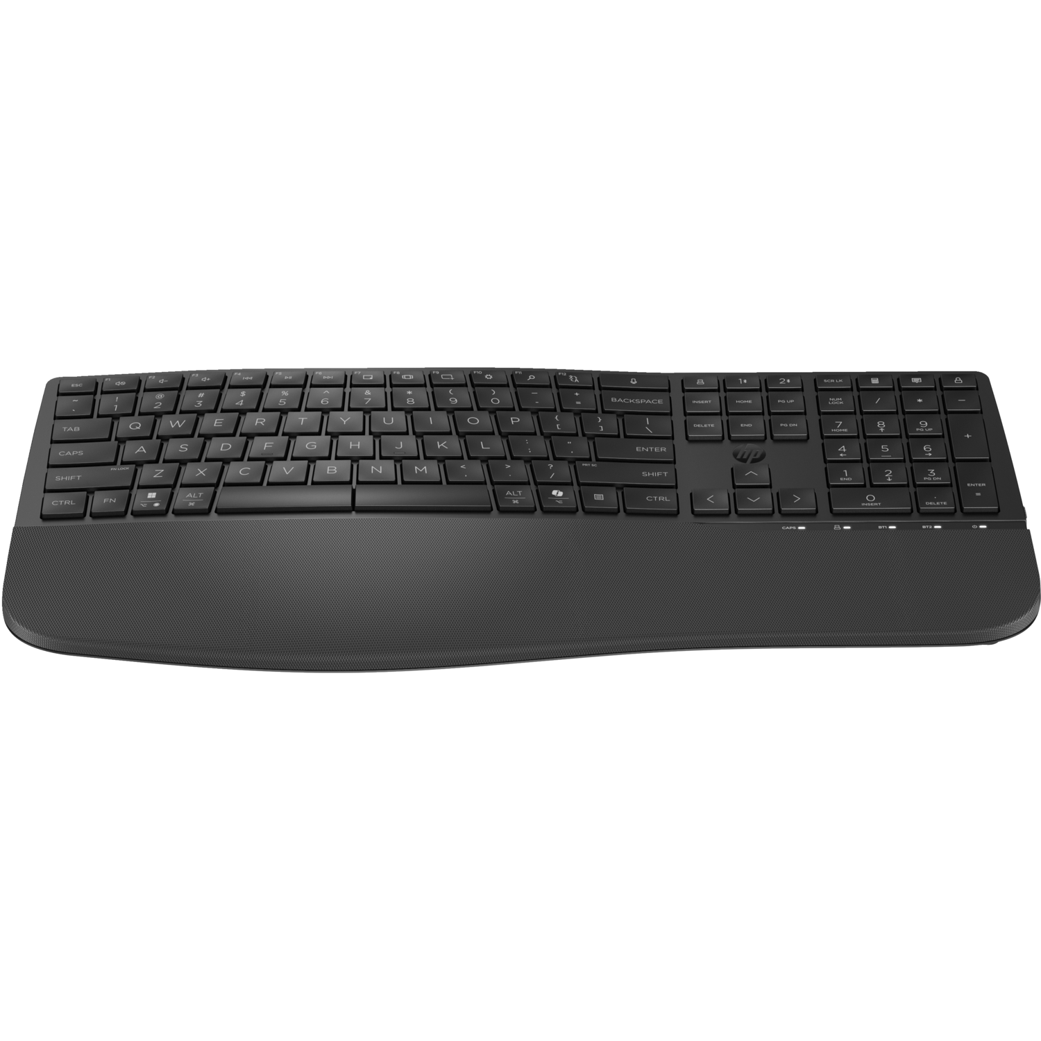 Black HP wireless keyboard with a numerical keypad and a wrist rest.