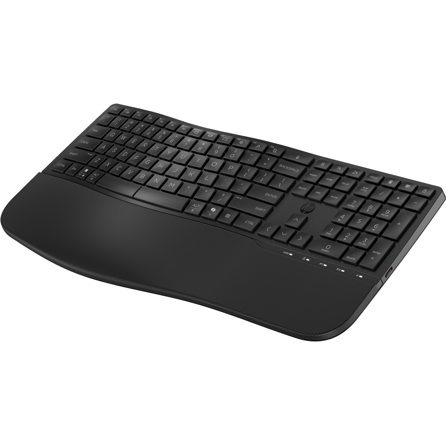 An HP black ergonomic keyboard with a built-in wrist rest.