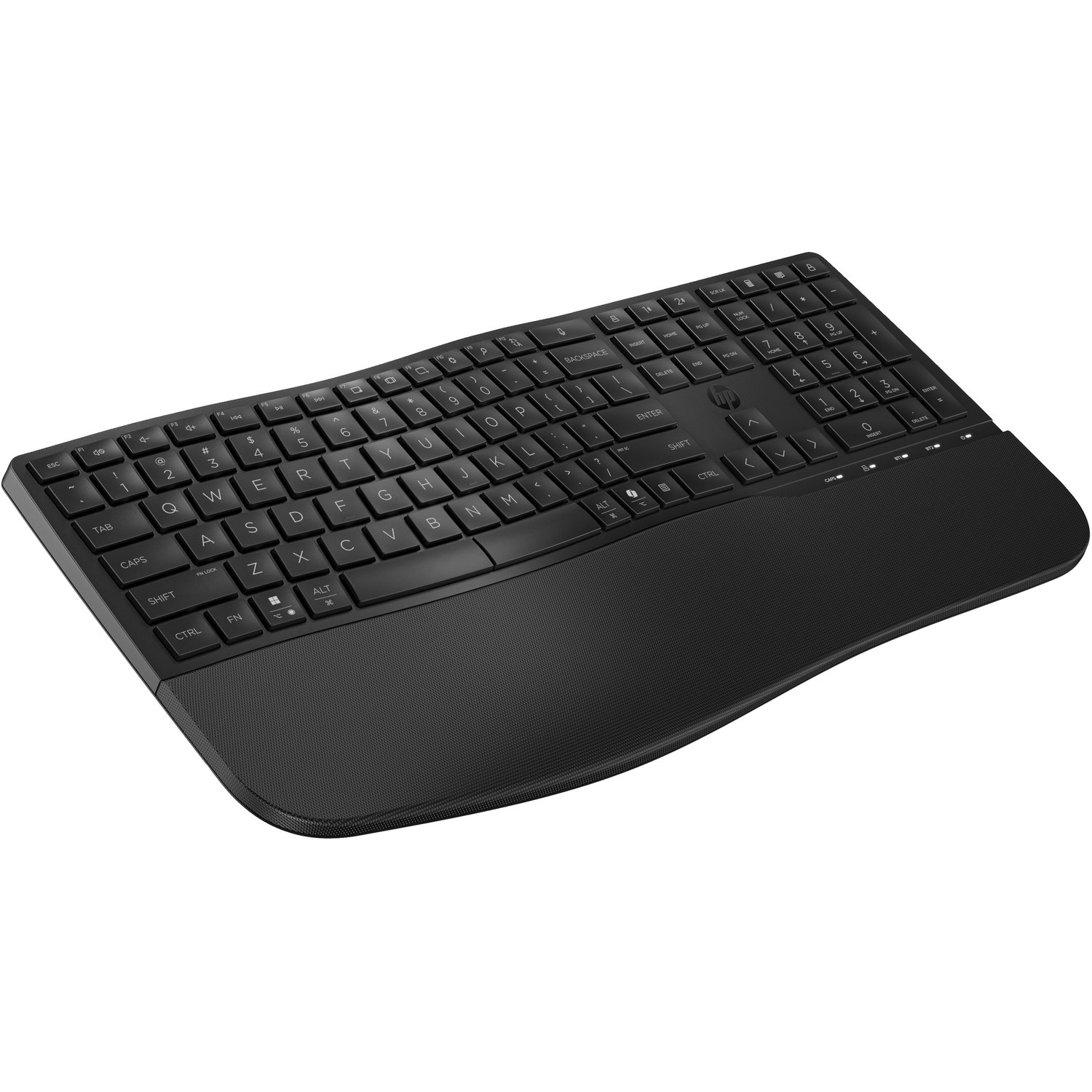 A black ergonomic keyboard with a built-in wrist rest.