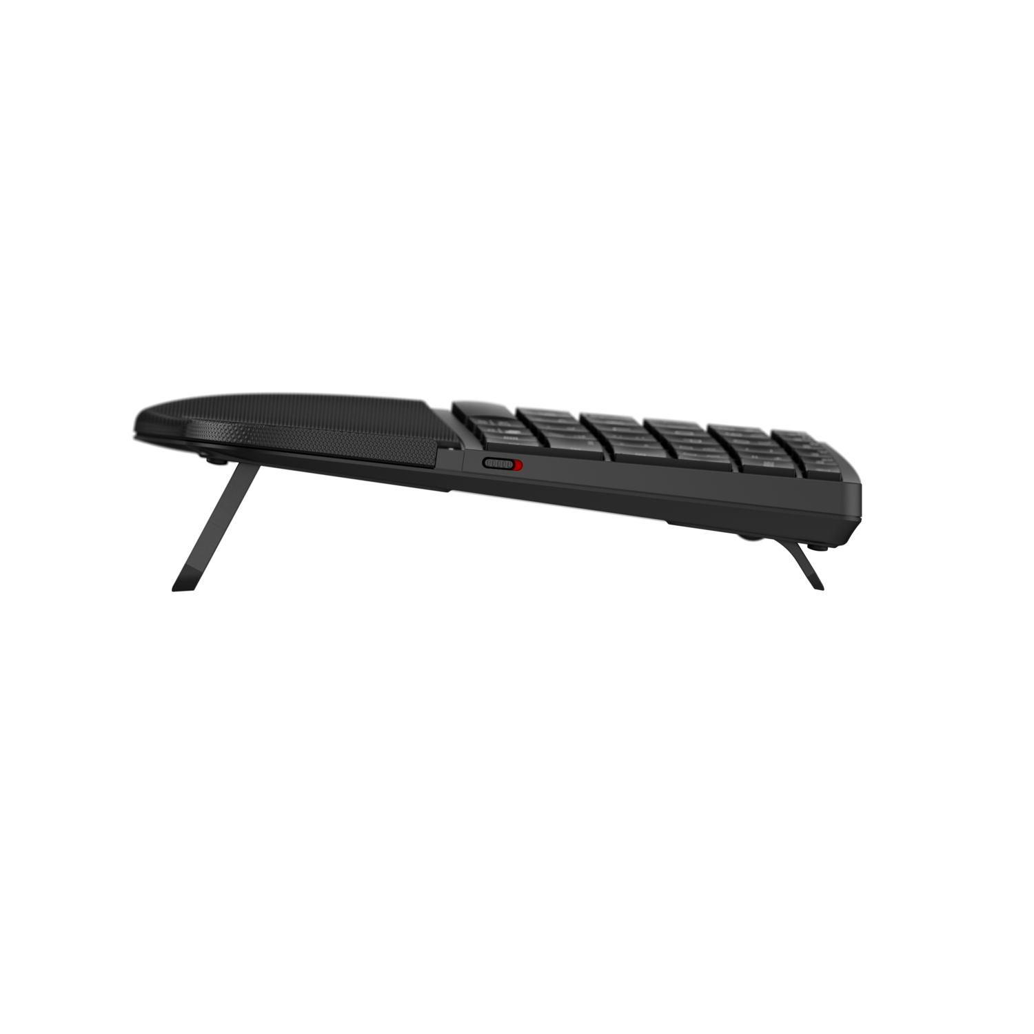 Side view of a black keyboard. The keyboard is angled with legs.
