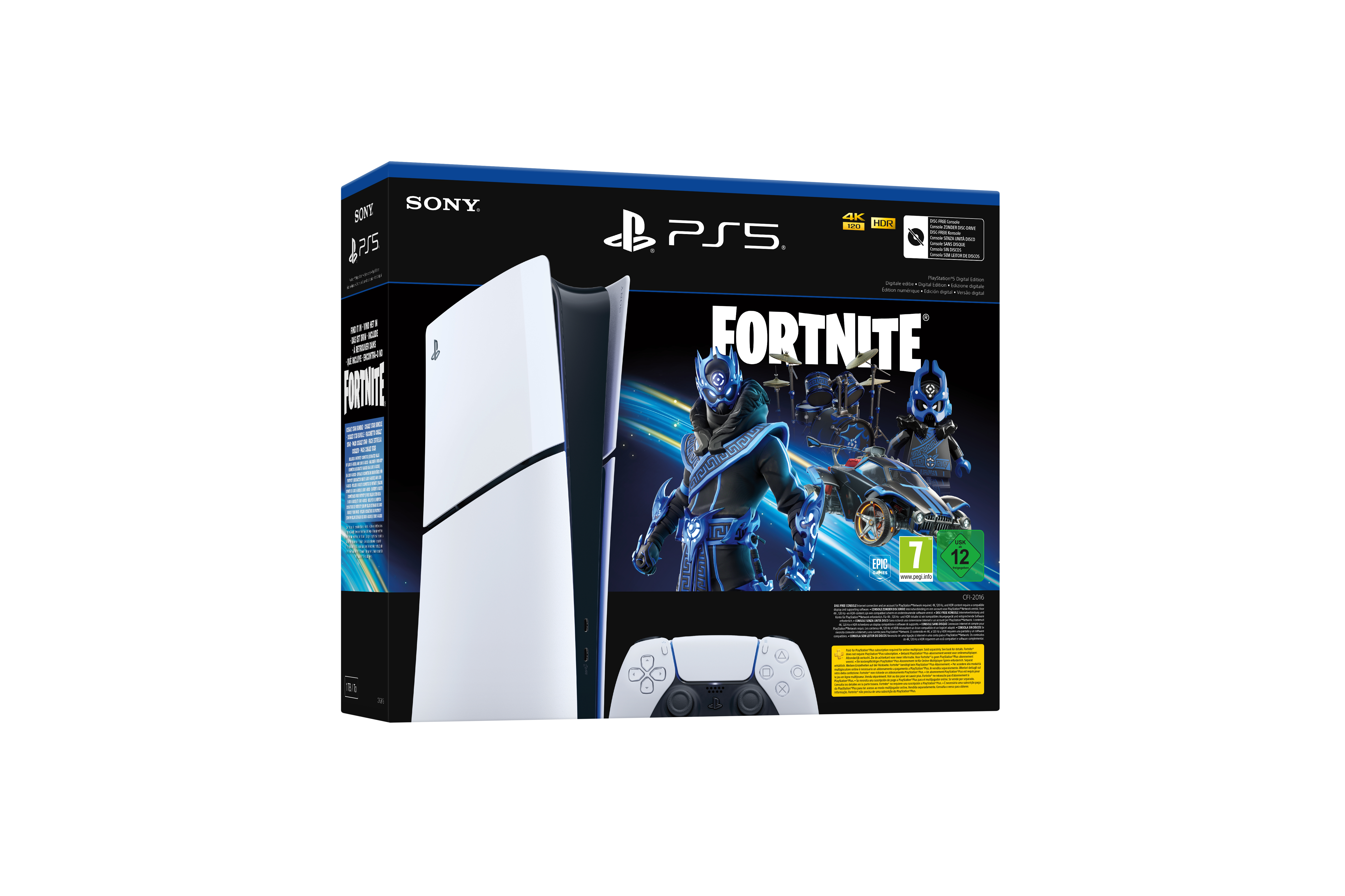 PS5 Konsolenbox mit einem Fortnite Spiel-Bundle. Enthält eine weiße Konsole und einen Controller.