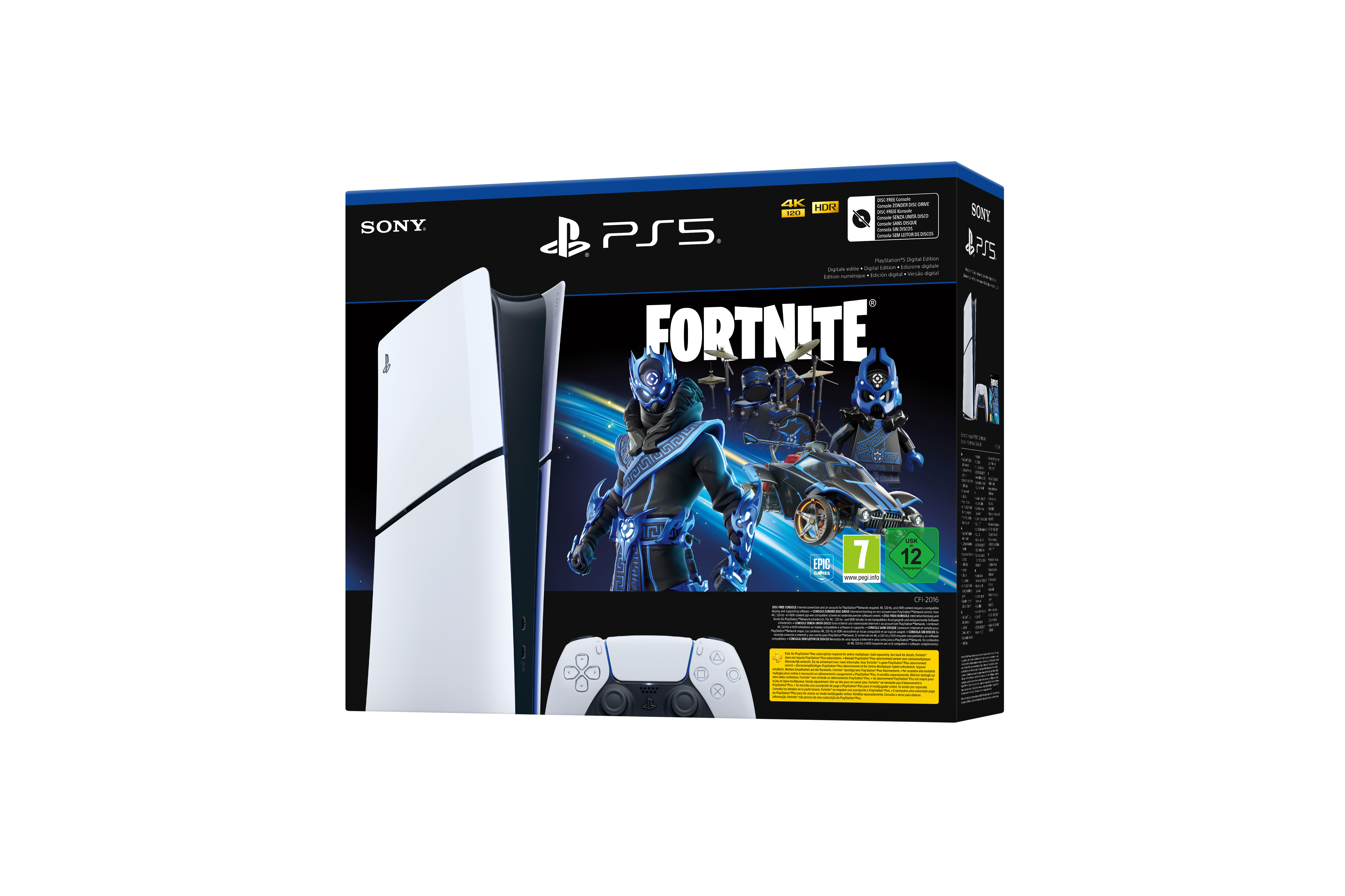 PlayStation 5 Konsole in einer Box mit Controller. Die Box hat ein weißes Konsolenbild und Fortnite-Spieldetails.