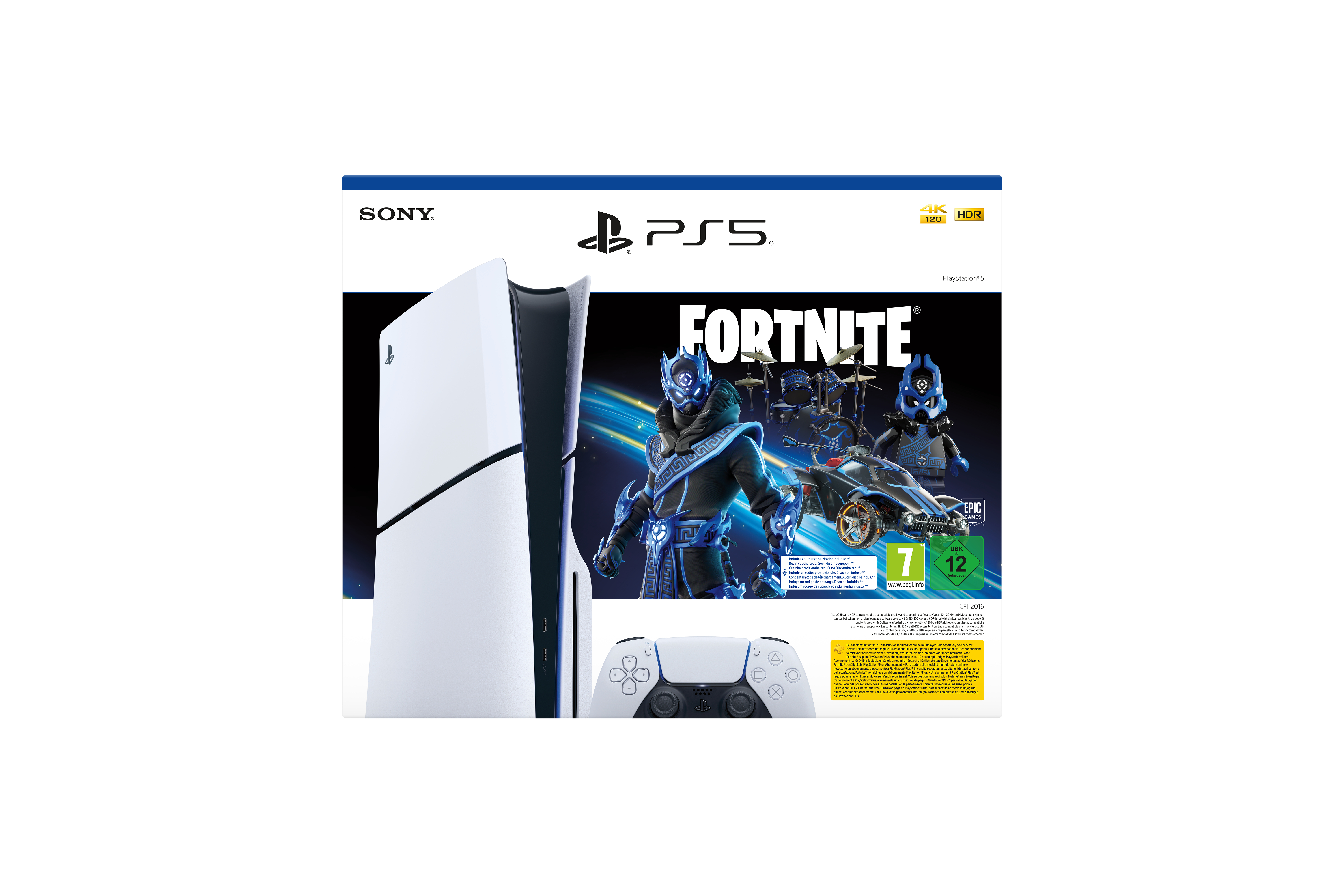 PlayStation 5 mit Fortnite-Spielbox und Controller.