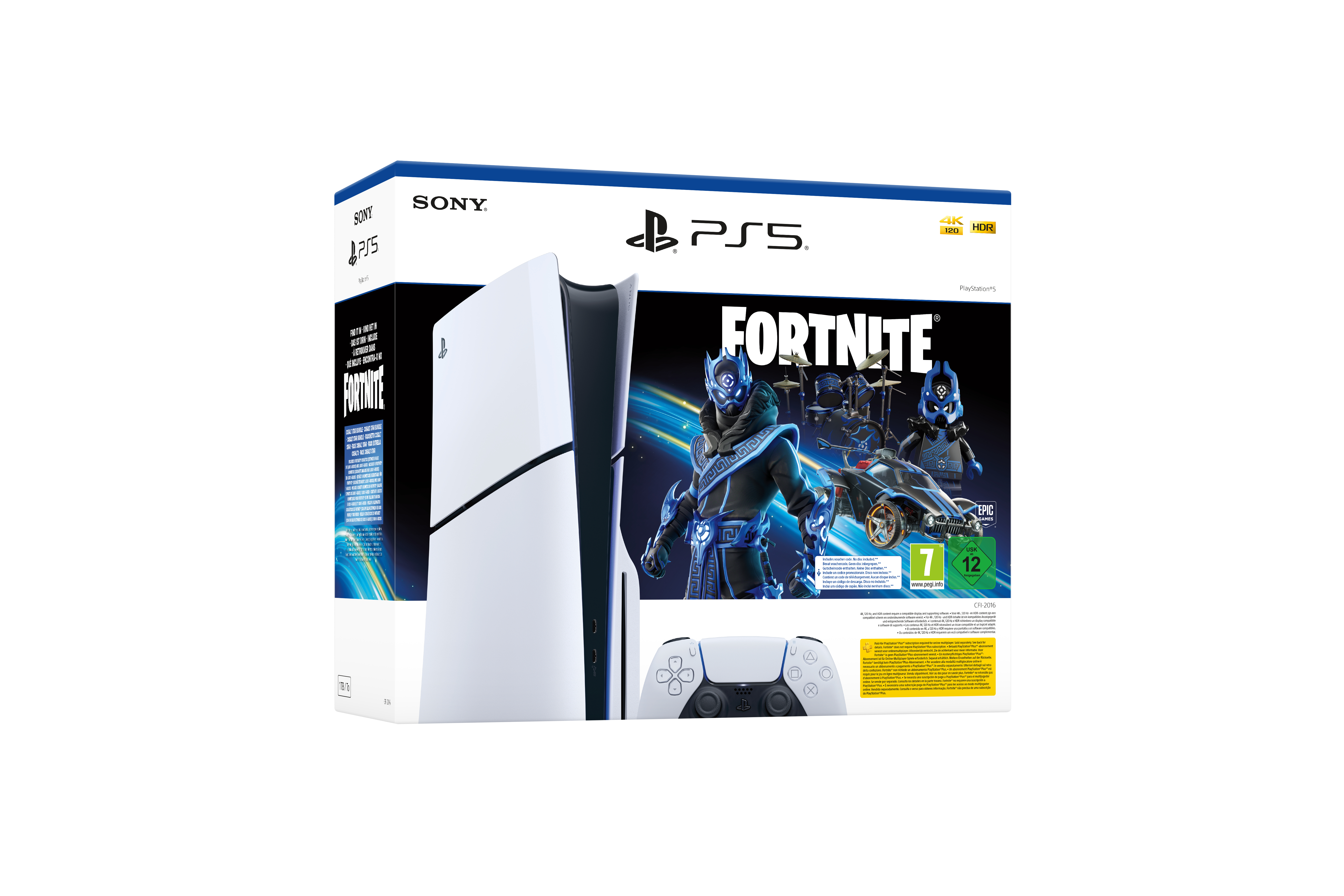 Weiße PS5-Konsole mit Fortnite-Spielbox und Controller. Weißer Hintergrund.