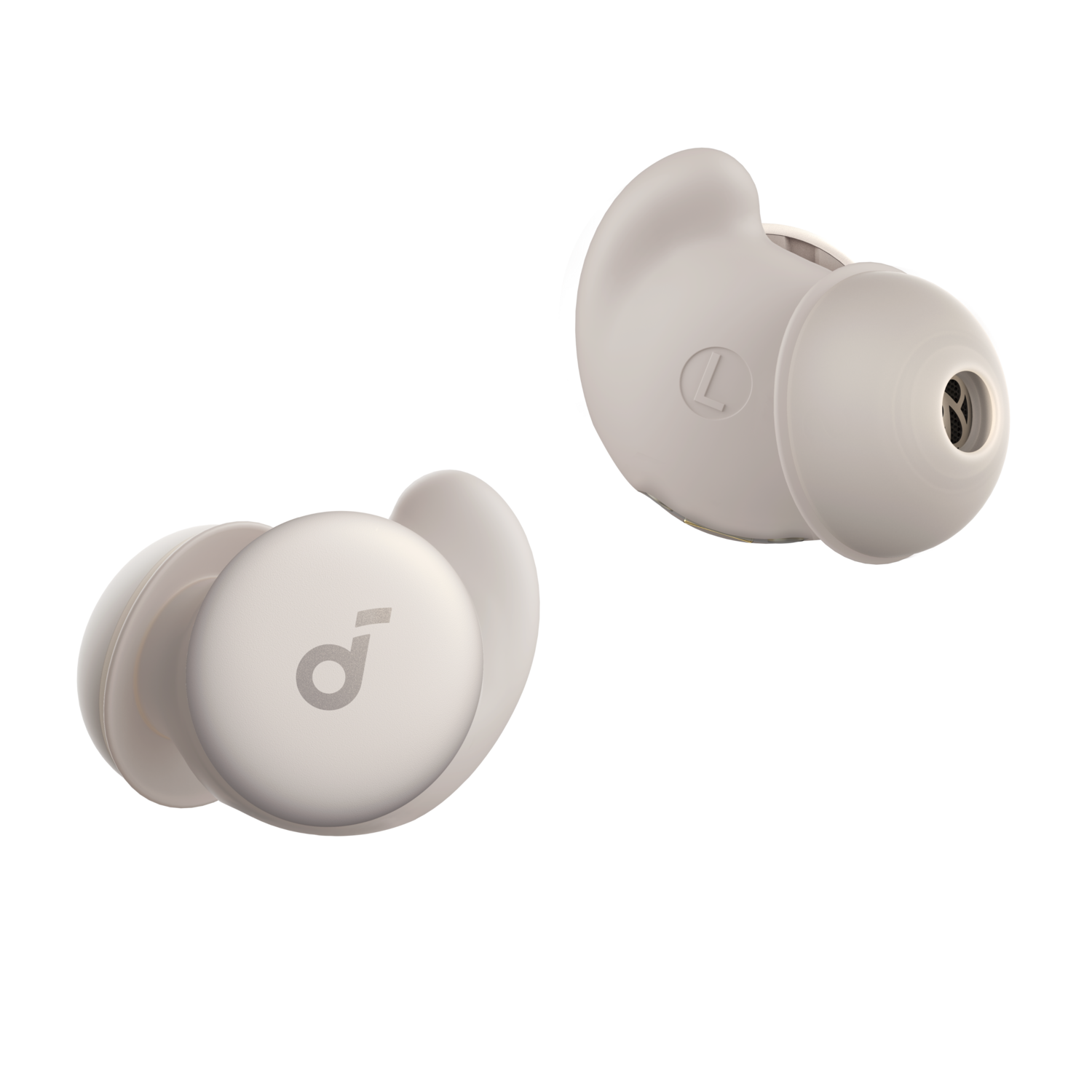 Two light gray earbuds on a black background. Each has a round body and a small tip. The left one shows the logo.