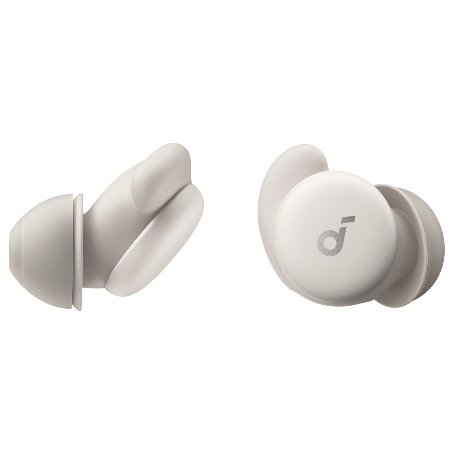 Two Anker Soundcore earbuds, light grey color. The earbuds are angled, presenting their design.