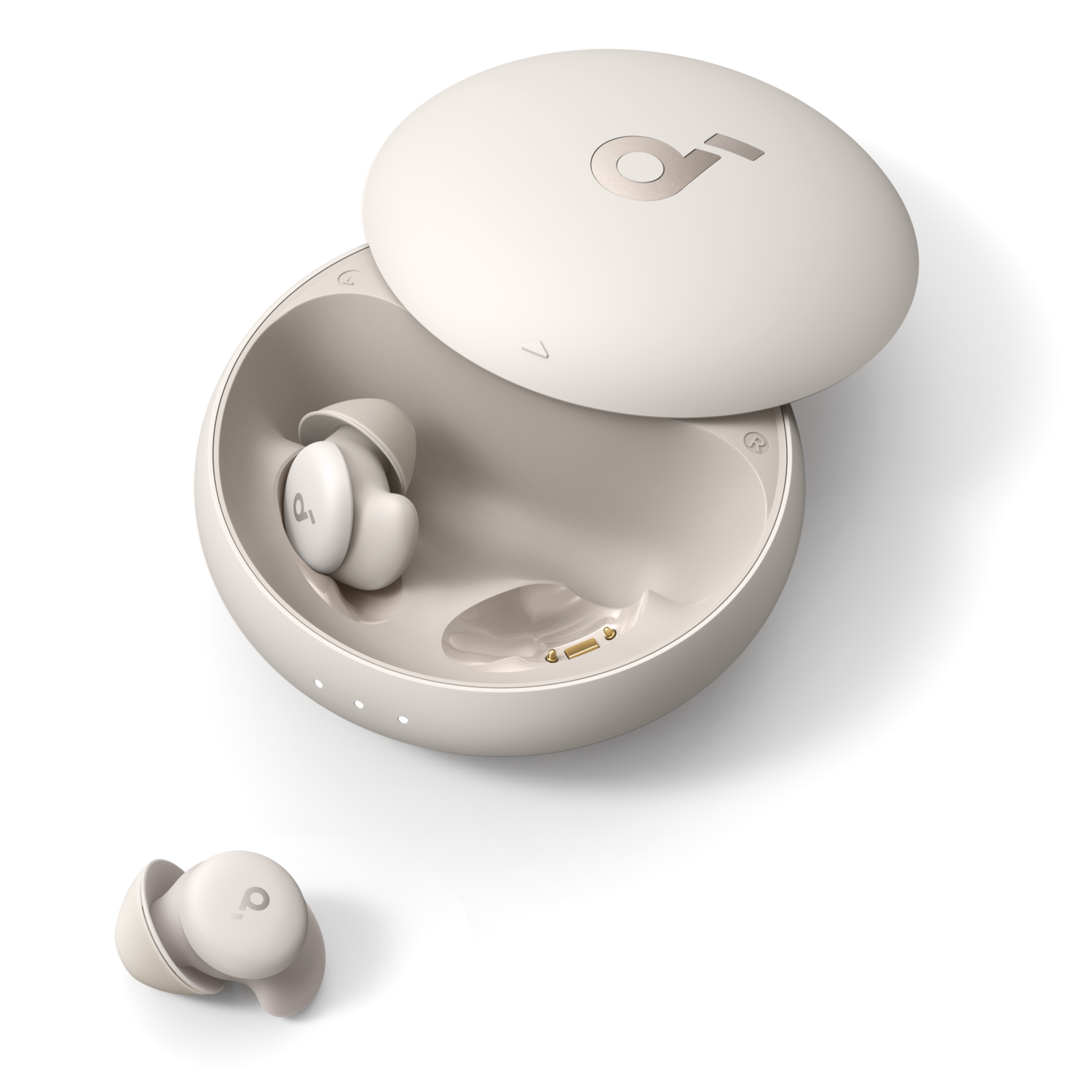 White earbud case with open lid, two white earbuds inside, white background.