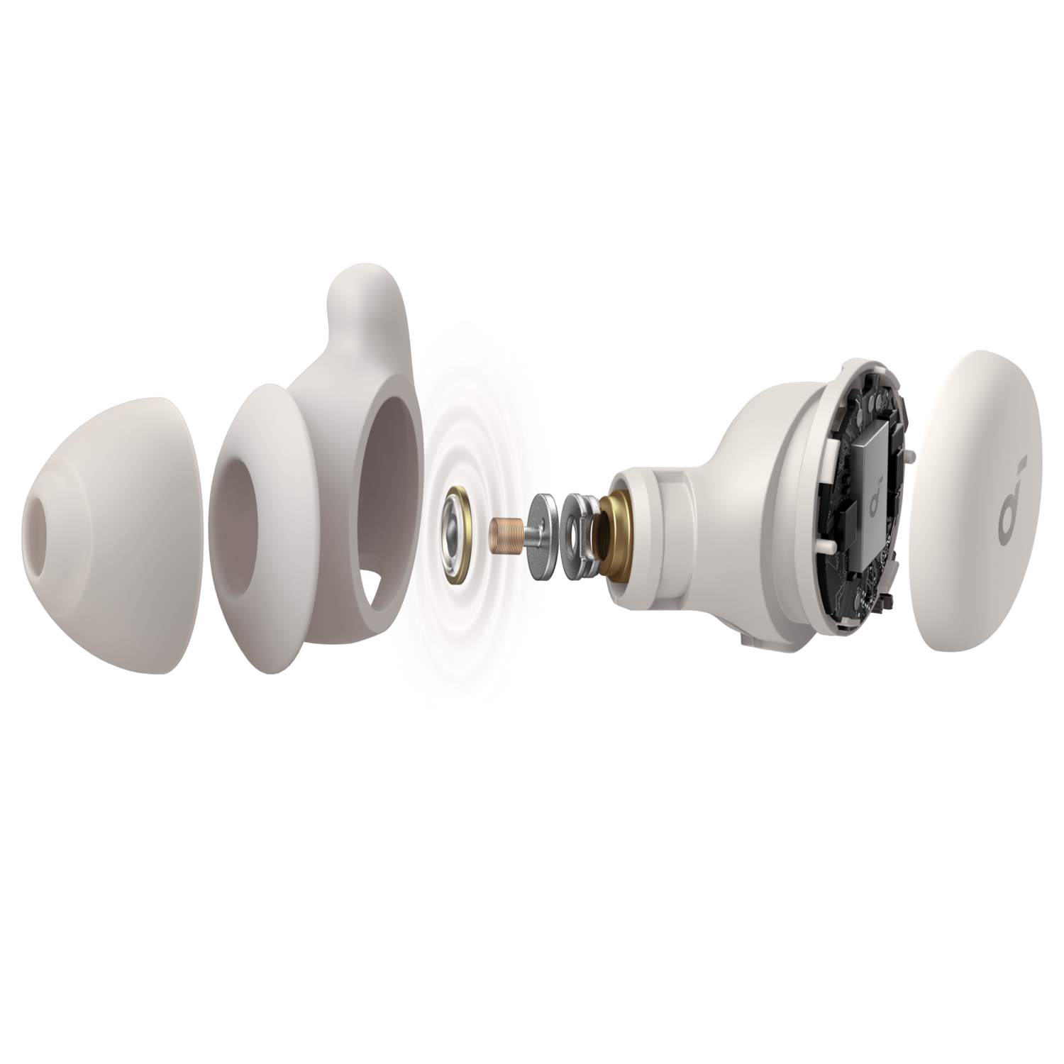 White, disassembled earbuds components on a black background.