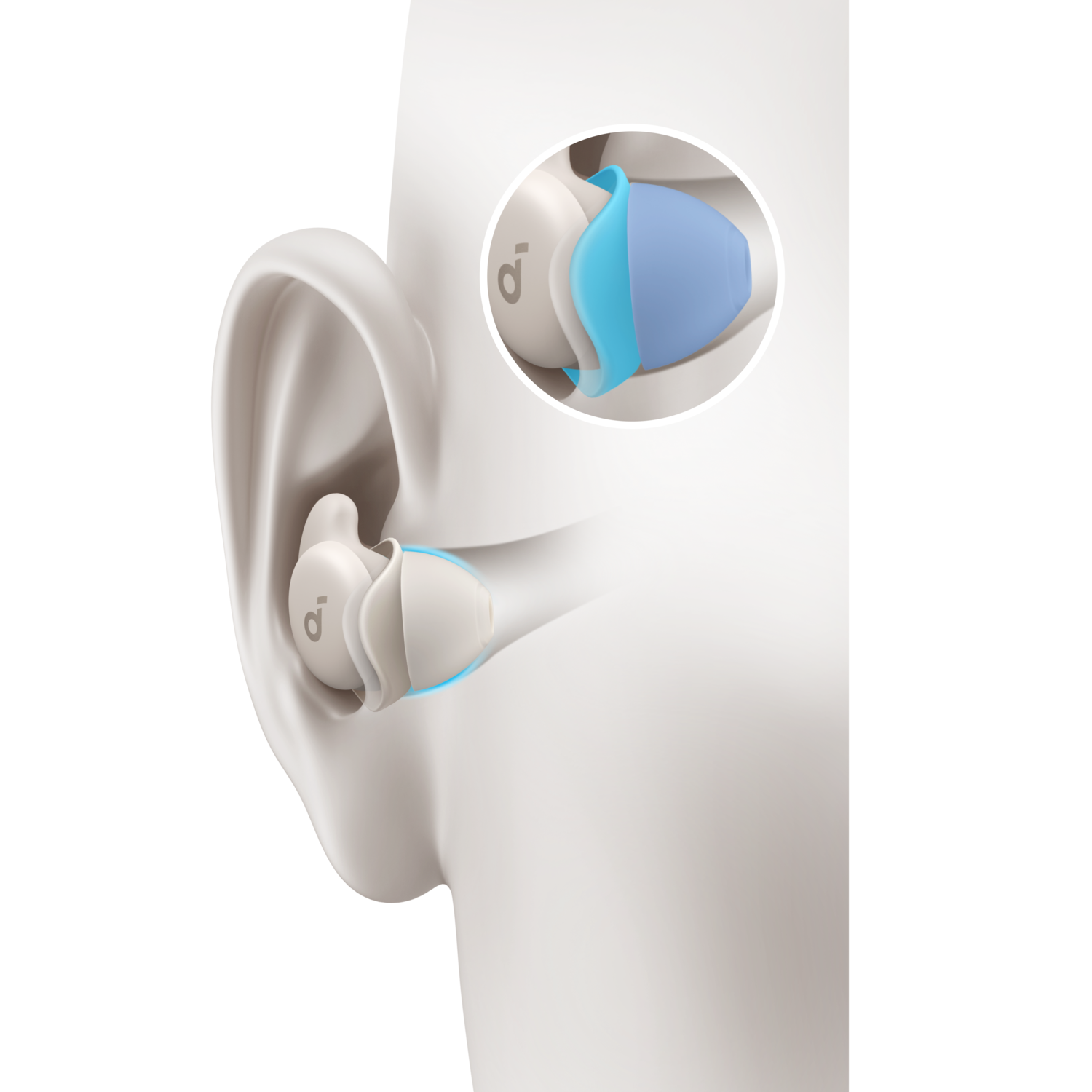 Earphones inserted in ear.  Close-up shows light blue and white earbud.