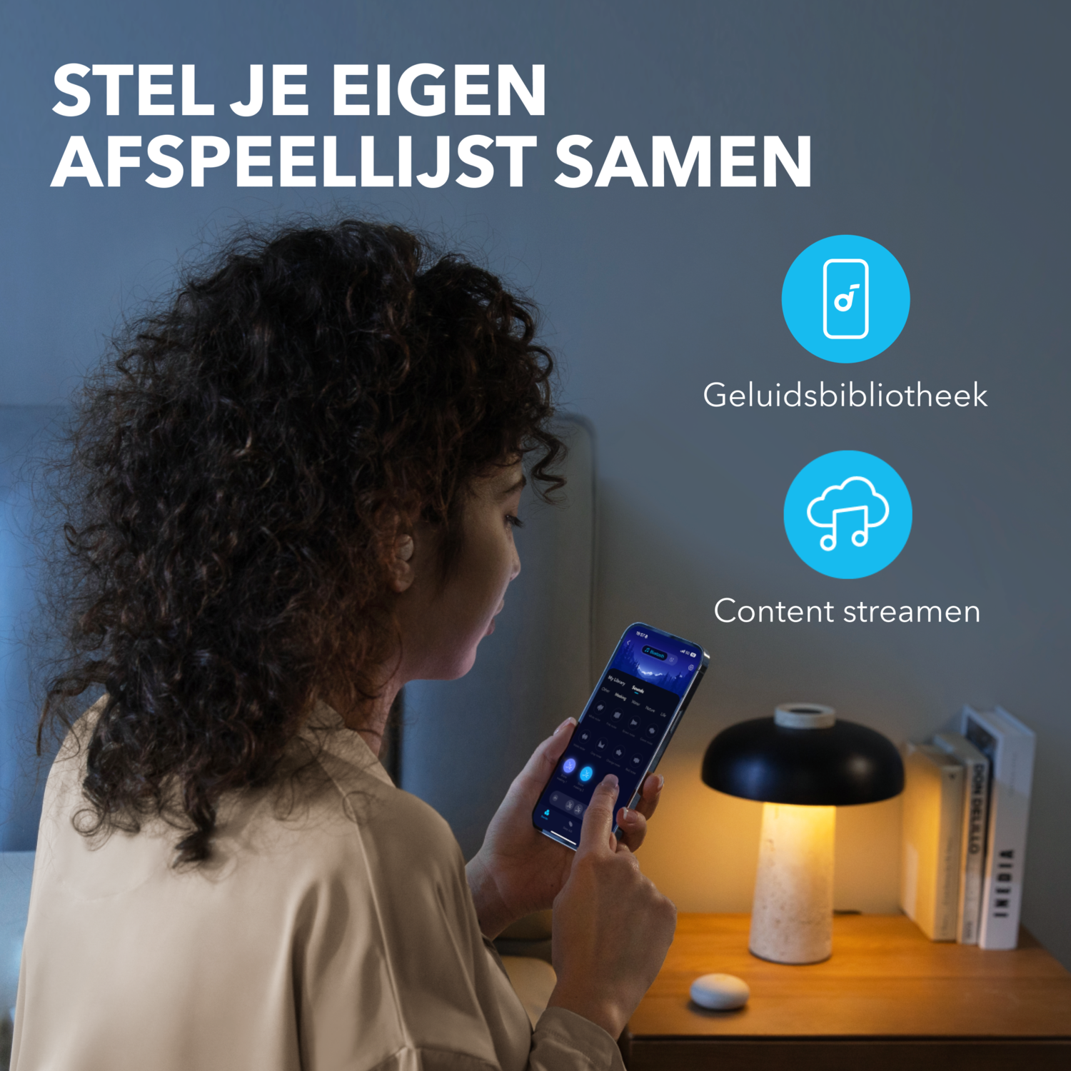 Woman using a phone with music app, next to a lamp and books. Dark, blue background.
