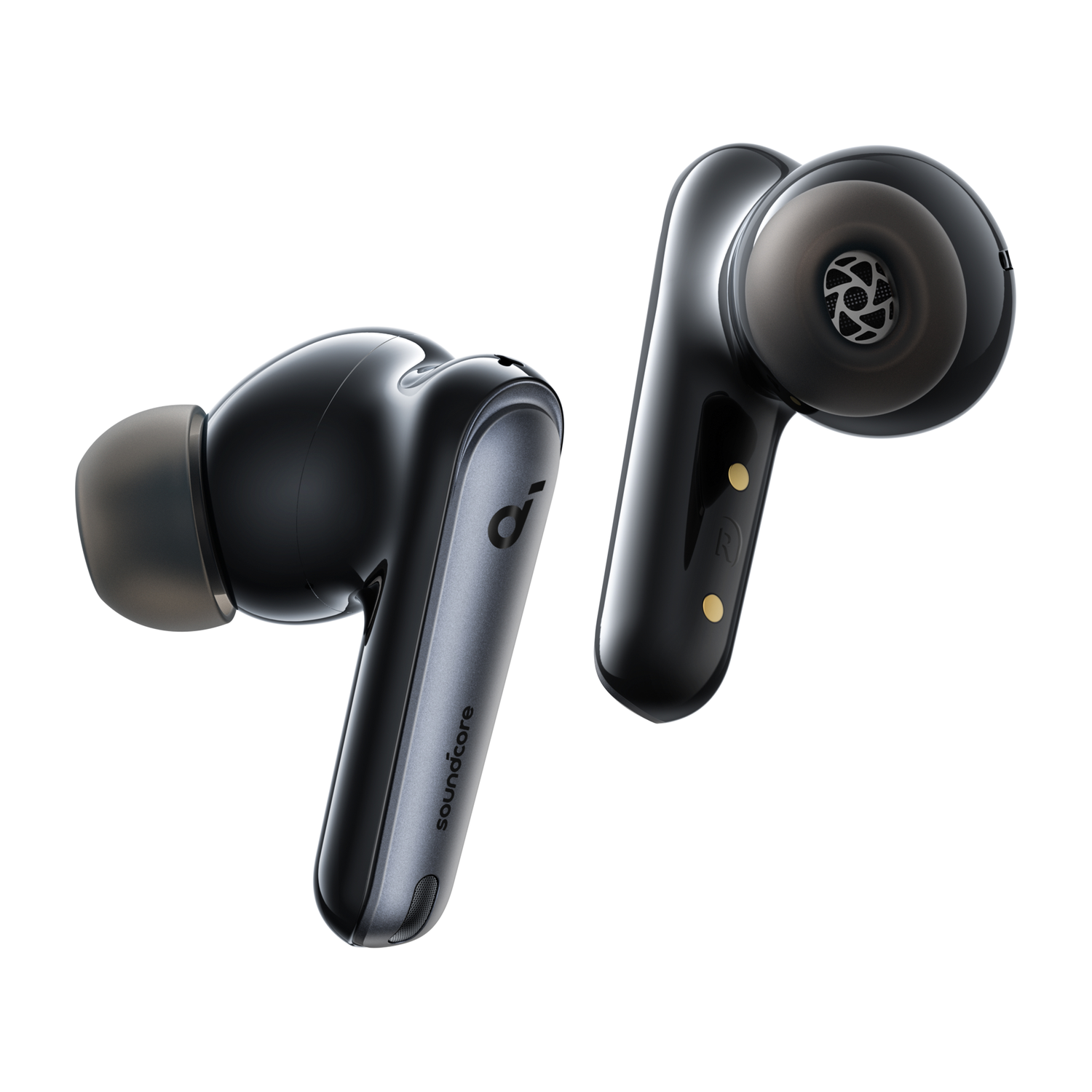 Écouteurs Anker Soundcore noirs et gris. Ils sont sans fil, intra-auriculaires, avec un étui de charge.