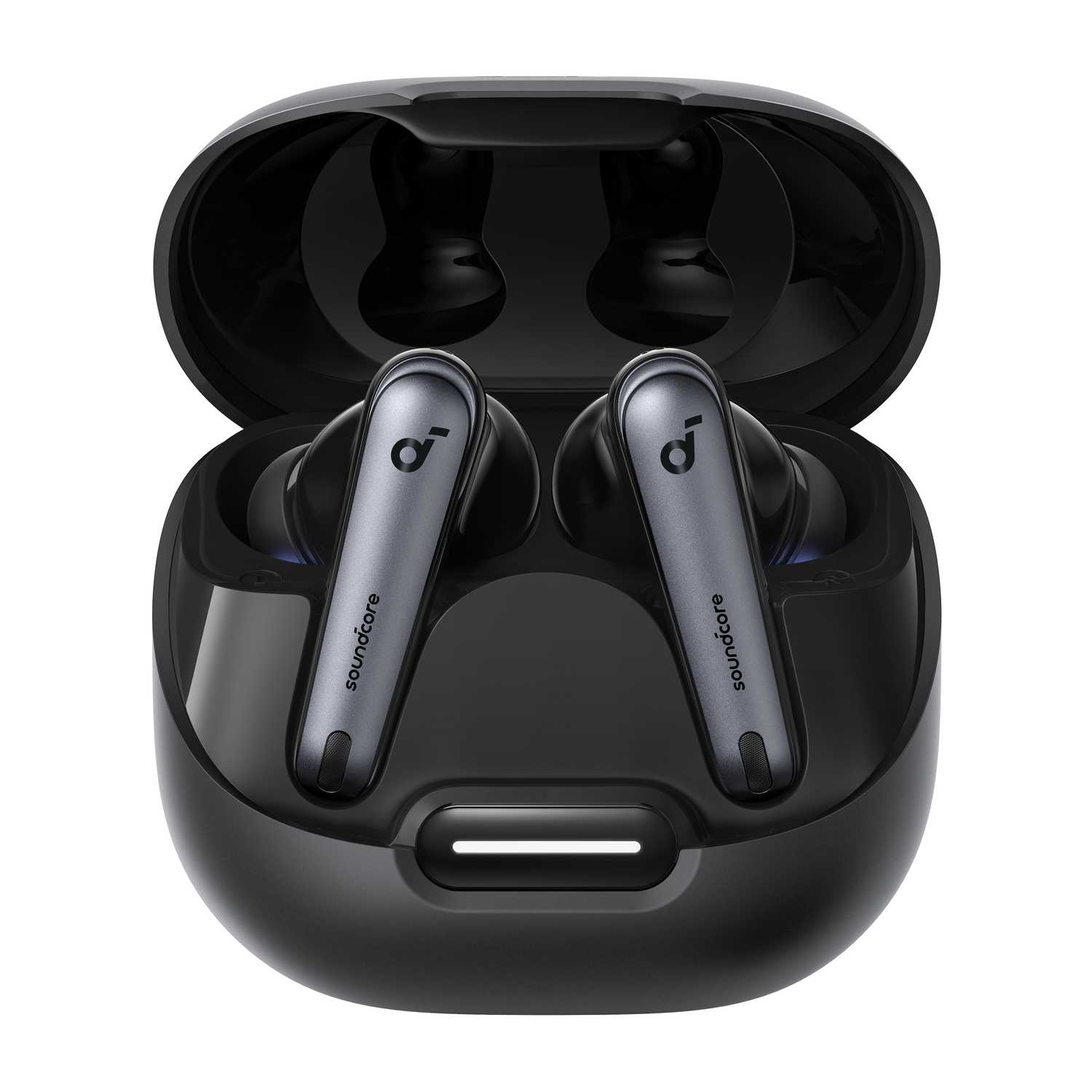 Écouteurs Soundcore noirs Anker dans un étui de chargement ouvert.